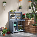 Outsunny Wooden Potting Bench, Outdoor Potting Table With Storage Cabinet, Storage Shelves, Sink, Water Tap, Wood Table Top For Backyard, Patio, Balcony, Gray Gray Wood