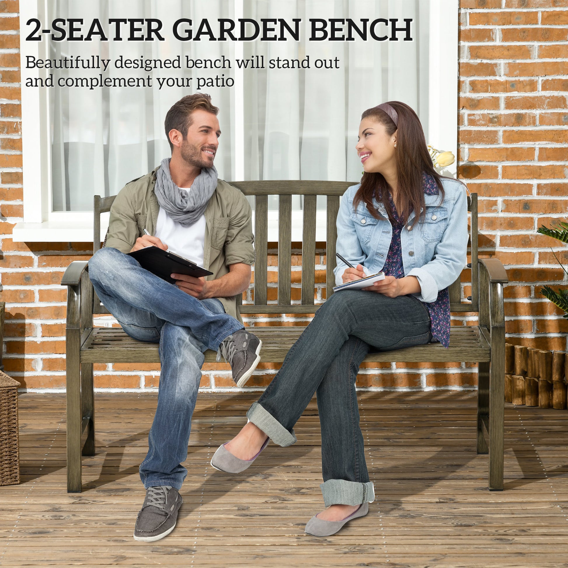 Outsunny 46" Outdoor Garden Bench, Metal Bench, Wood Look Slatted Frame Furniture For Patio, Park, Porch, Lawn, Yard, Deck, Black Black Steel