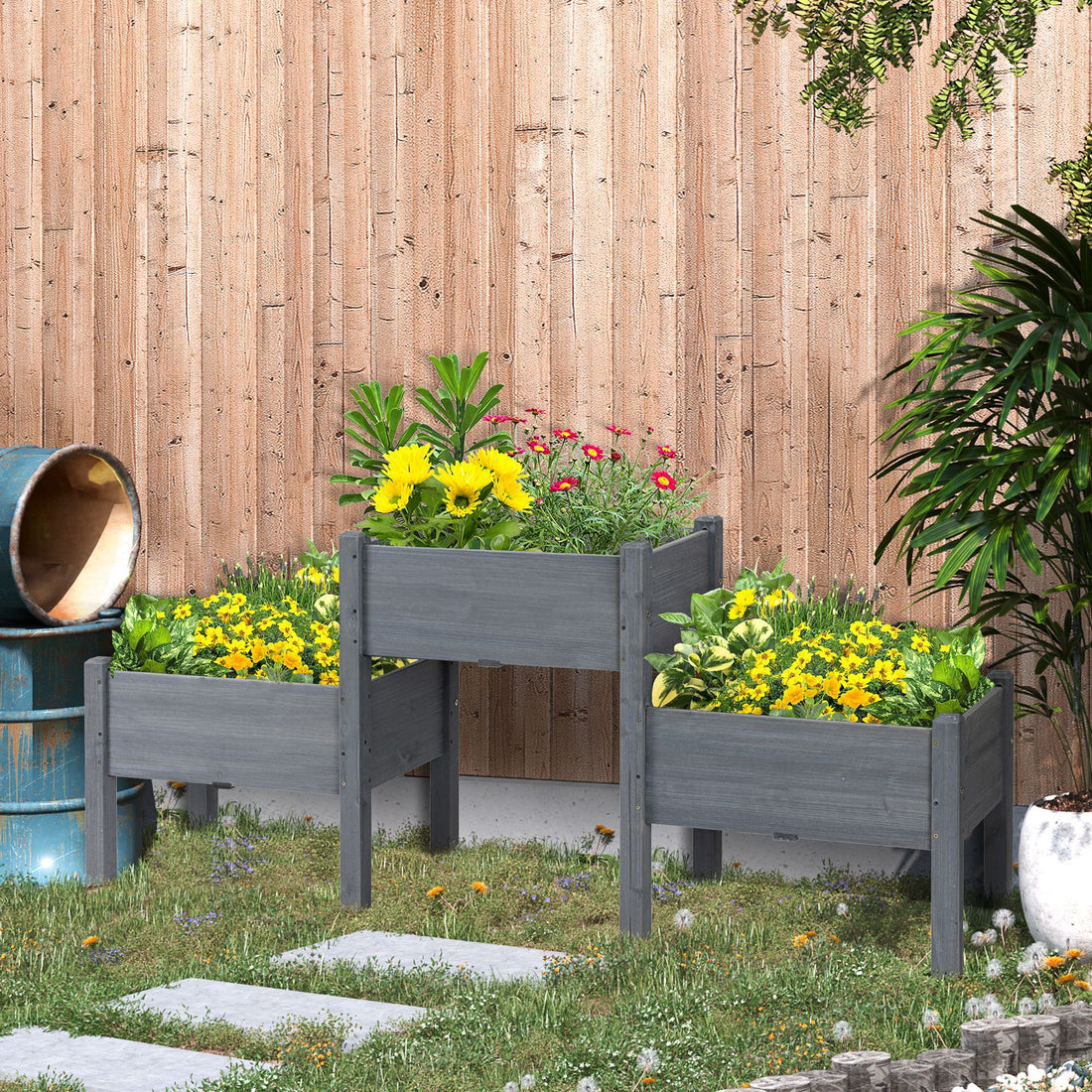 Outsunny Raised Garden Bed With 3 Planter Box, Elevated Wooden Plant Stand With Drainage Holes, For Vegetables, Herb And Flowers, Gray Gray Wood