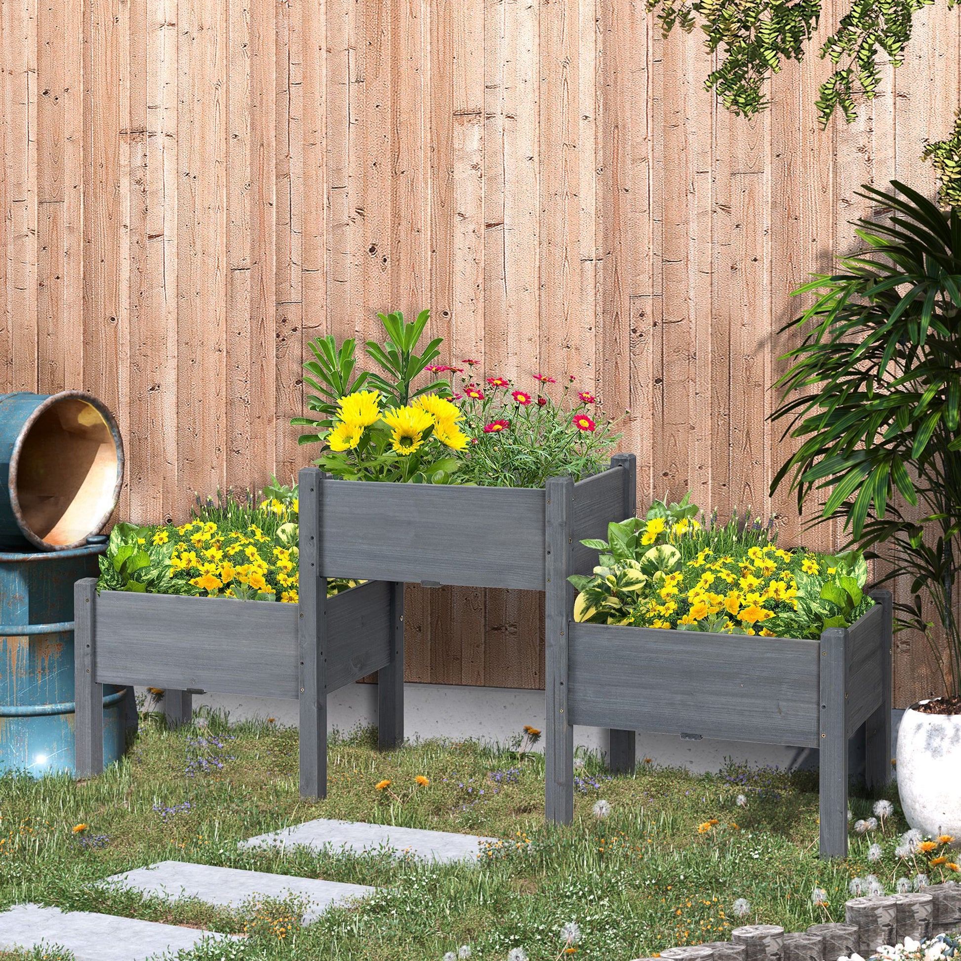Outsunny Raised Garden Bed With 3 Planter Box, Elevated Wooden Plant Stand With Drainage Holes, For Vegetables, Herb And Flowers, Gray Gray Wood