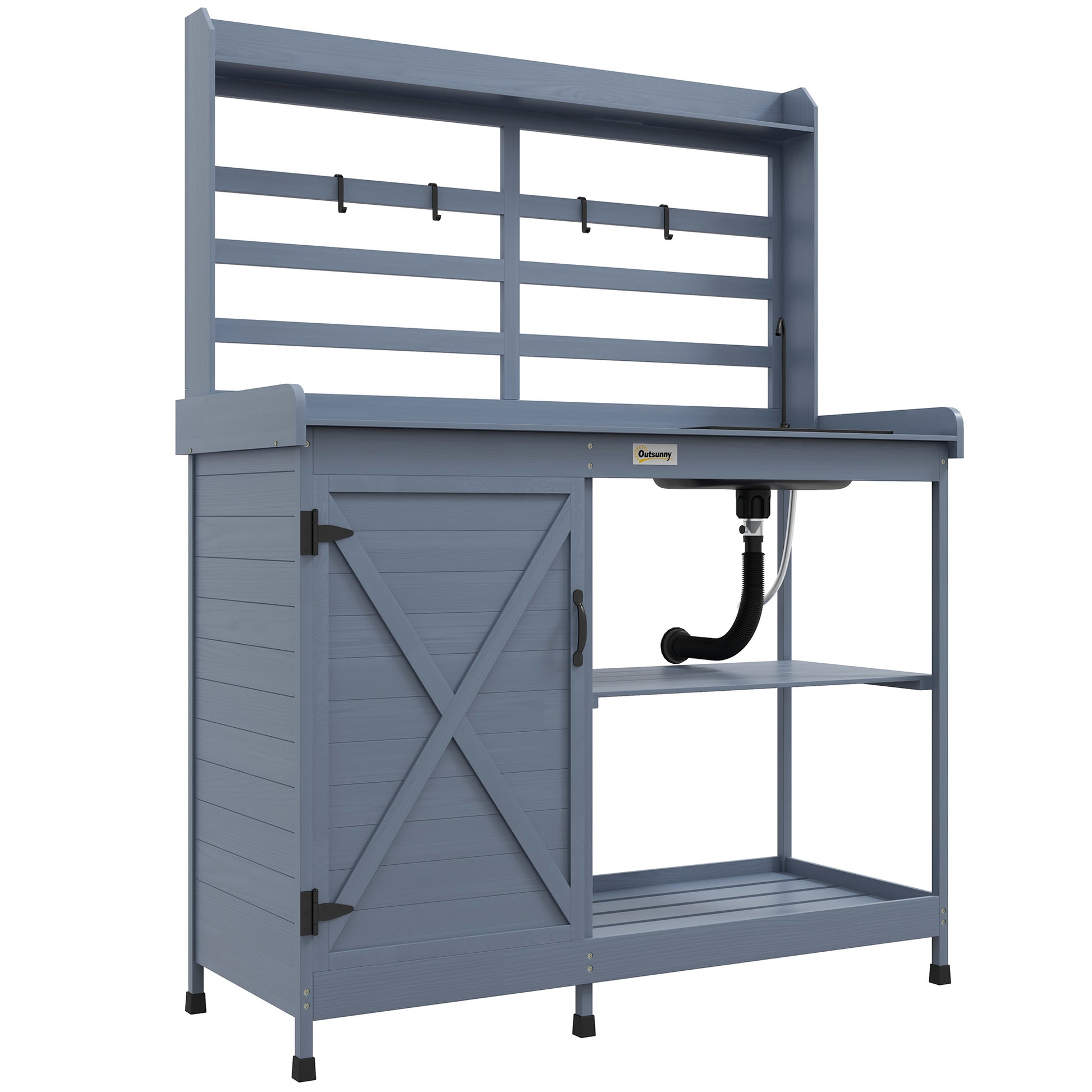 Outsunny Wooden Potting Bench, Outdoor Potting Table With Storage Cabinet, Storage Shelves, Sink, Water Tap, Wood Table Top For Backyard, Patio, Balcony, Gray Gray Wood