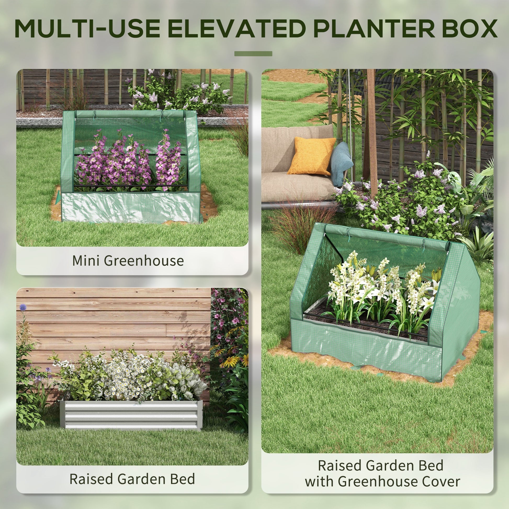Outsunny Raised Garden Bed With Mini Greenhouse, Galvanized Outdoor Planter Box With Cover, For Herbs And Vegetables, Use For Patio, Garden, Balcony, Green Cover And Silver Planter Green Steel
