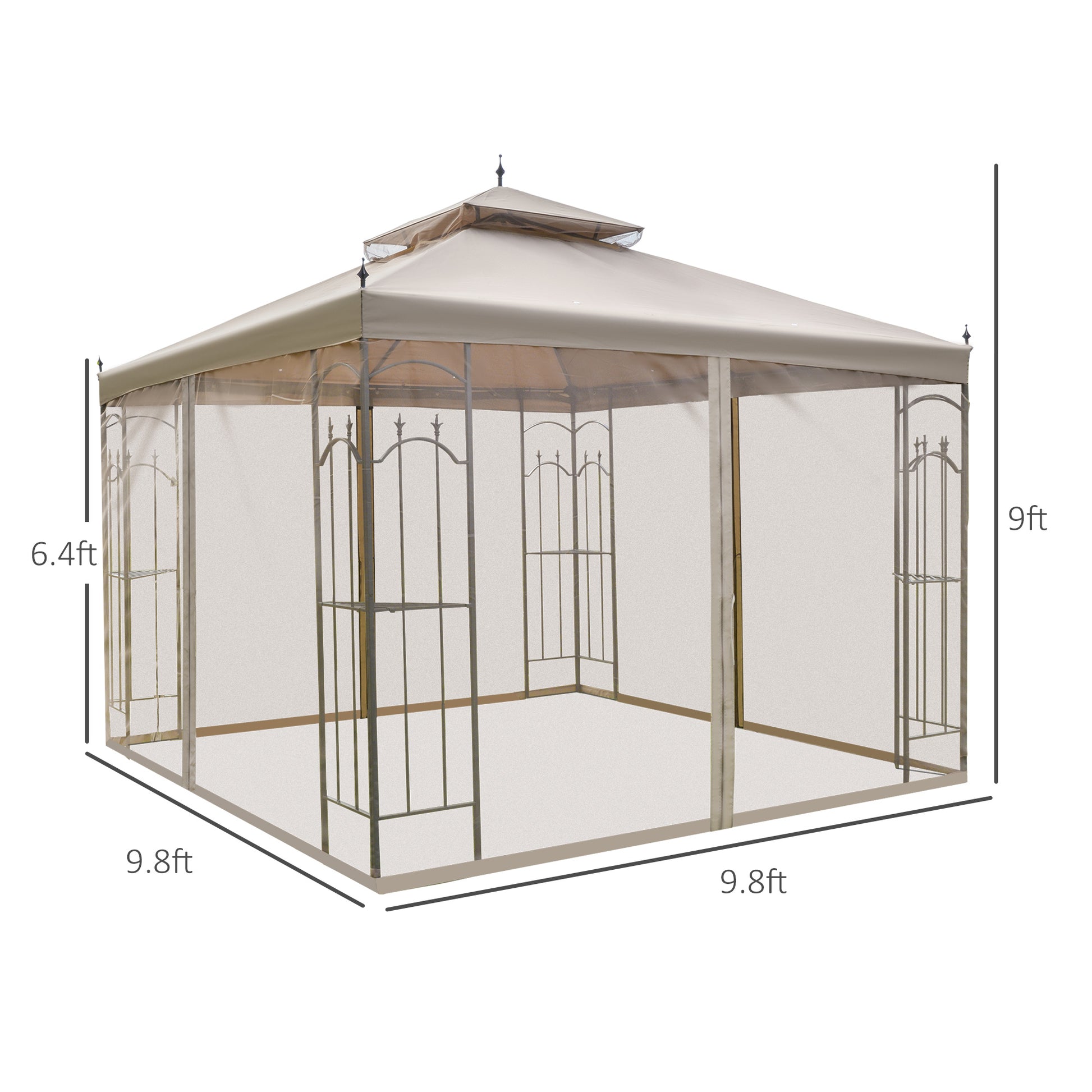 Outsunny 10' X 10' Patio Gazebo With Corner Frame Shelves, Double Roof Outdoor Gazebo Canopy Shelter With Netting, For Patio, Wedding, Catering & Events, Brown Brown Steel