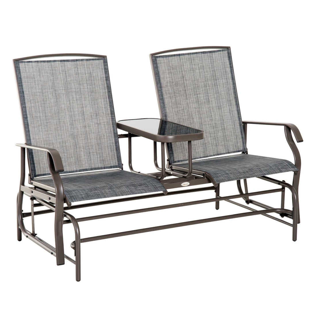 Outsunny Outdoor Glider Bench With Center Table, Metal Frame Patio Loveseat Withmesh Fabric And Armrests For Backyard Garden Porch, Gray Gray Steel