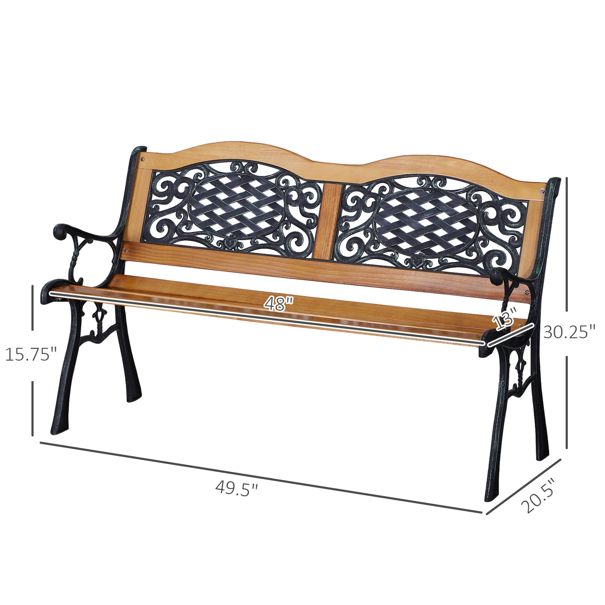 Outsunny 50" Outdoor Garden Bench, Patio Bench With Wood Seat, Porch Bench With Antique Like Flourishes For Backyard, Deck, Lawn, Outside Pool, Teak Natural Wood
