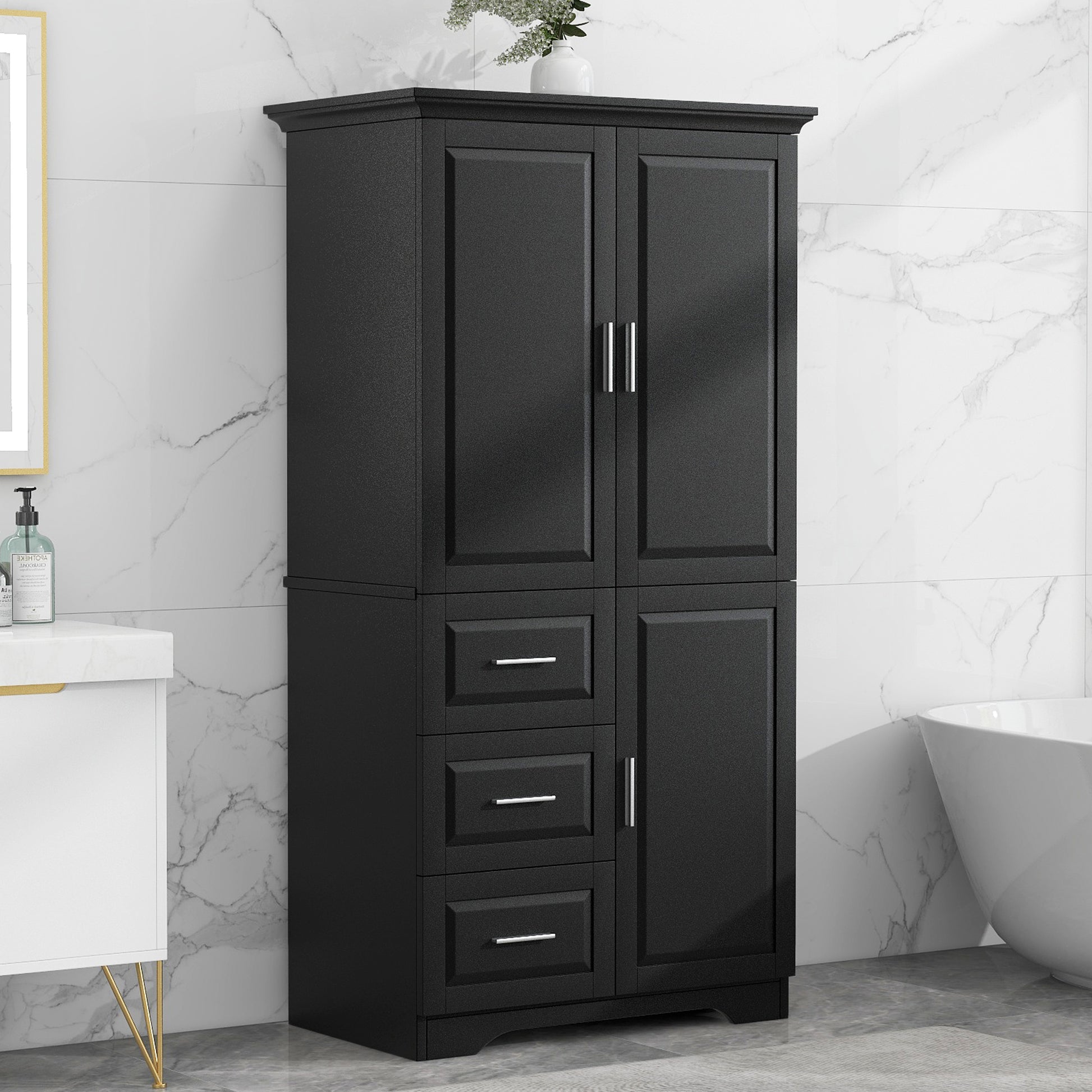 Tall And Wide Storage Cabinet With Doors For Bathroom Office, Three Drawers, Black Black Mdf