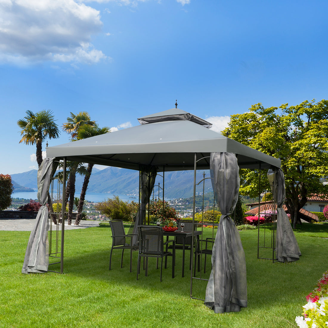 Outsunny 10' X 10' Patio Gazebo With Corner Frame Shelves, Double Roof Outdoor Gazebo Canopy Shelter With Netting, For Patio, Wedding, Catering & Events, Gray Gray Steel