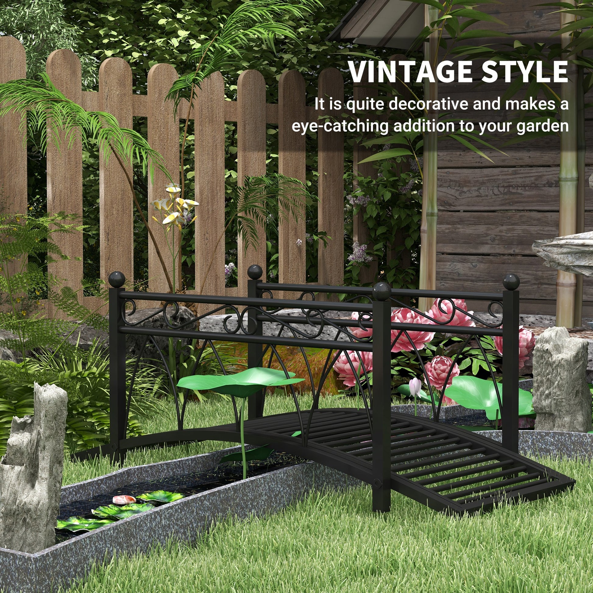 Outsunny 3.3' Metal Arch Zen Garden Bridge With Safety Siderails, Decorative Footbridge, Delicate Scrollwork & Corner Spheres For Stream, Fish Pond, Black Black Steel
