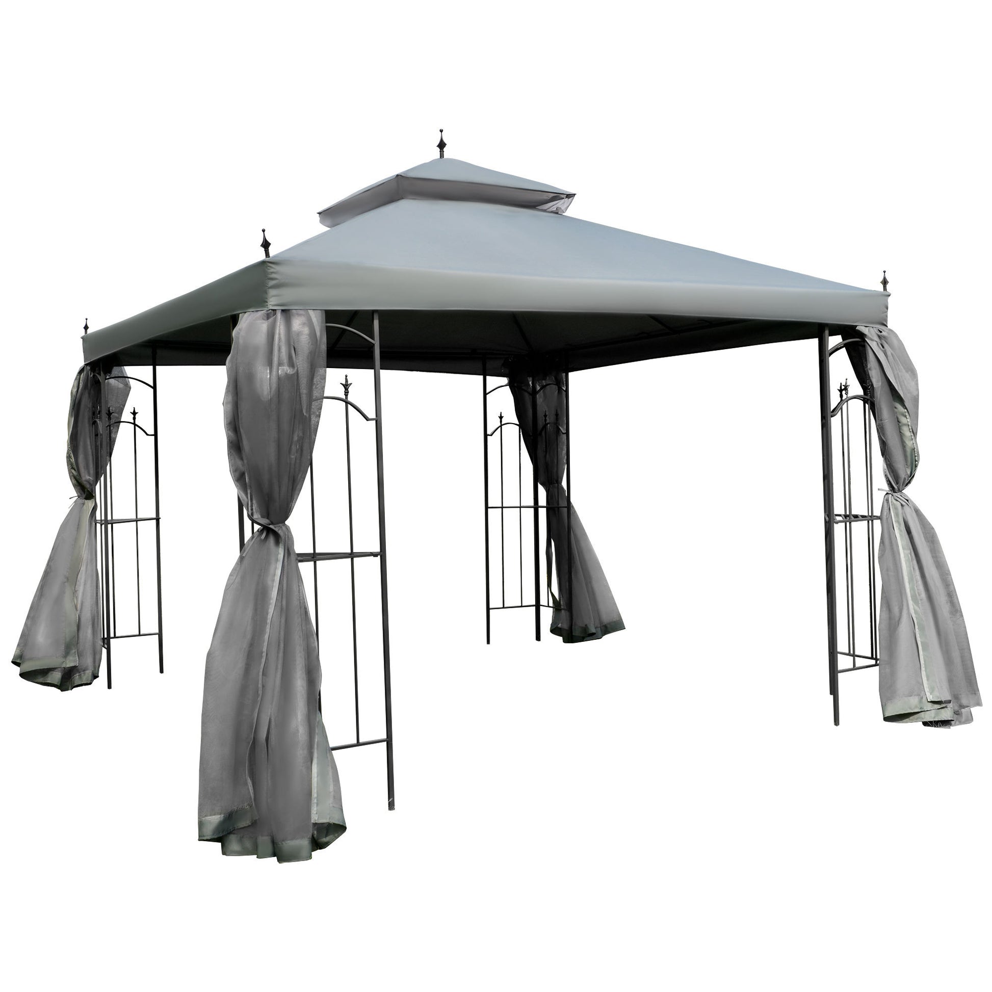 Outsunny 10' X 10' Patio Gazebo With Corner Frame Shelves, Double Roof Outdoor Gazebo Canopy Shelter With Netting, For Patio, Wedding, Catering & Events, Gray Gray Steel