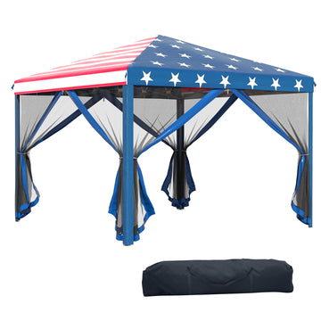 Outsunny 10' X 10' Pop Up Canopy Tent With Netting, Instant Gazebo, Ez Up Screen House Room With Carry Bag, Height Adjustable, For Outdoor, Garden, Patio, American Flag Blue Steel