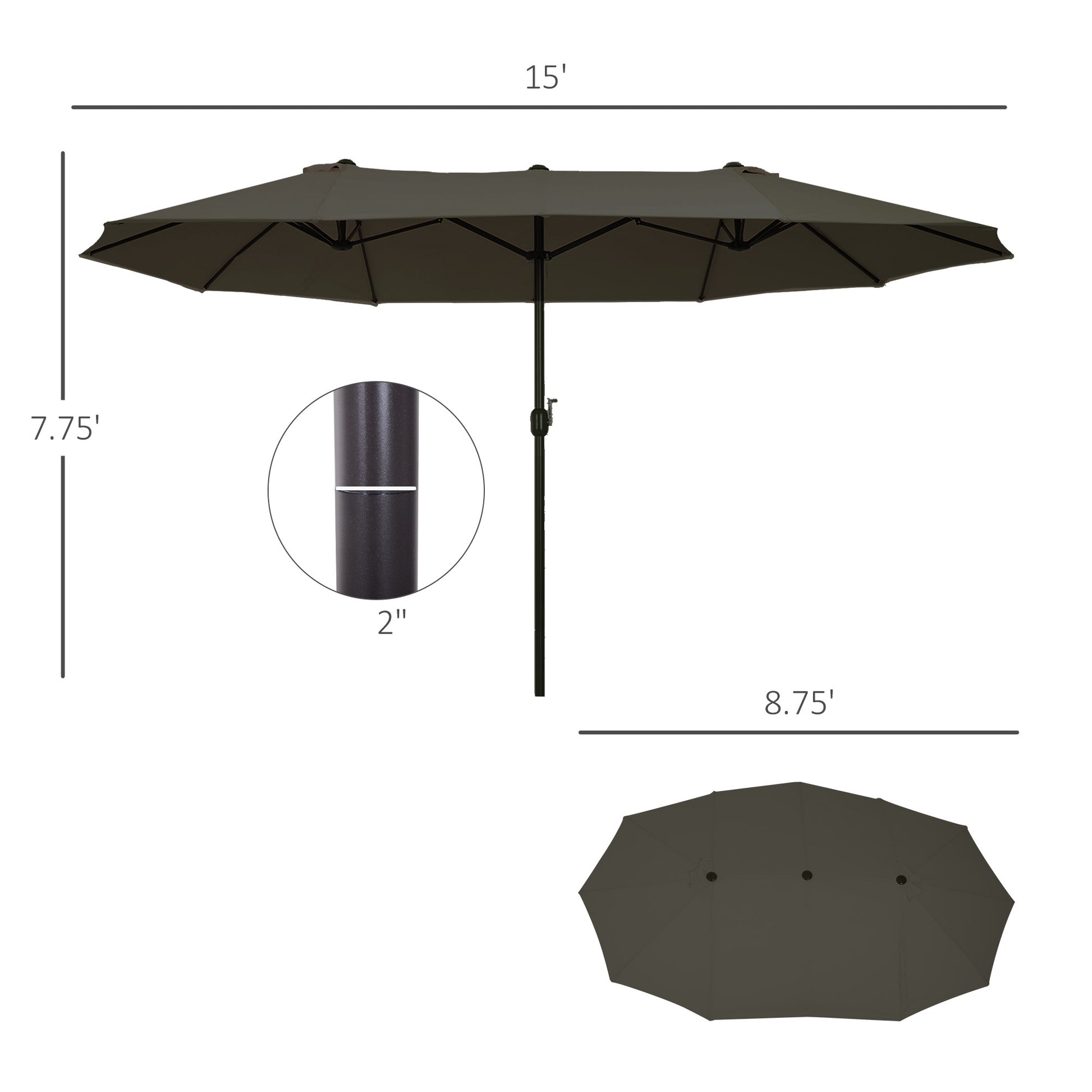 Outsunny Extra Large 15Ft Patio Umbrella, Double Sided Outdoor Umbrella With Crank Handle And Air Vents For Backyard, Deck, Pool, Market, Gray Gray Steel