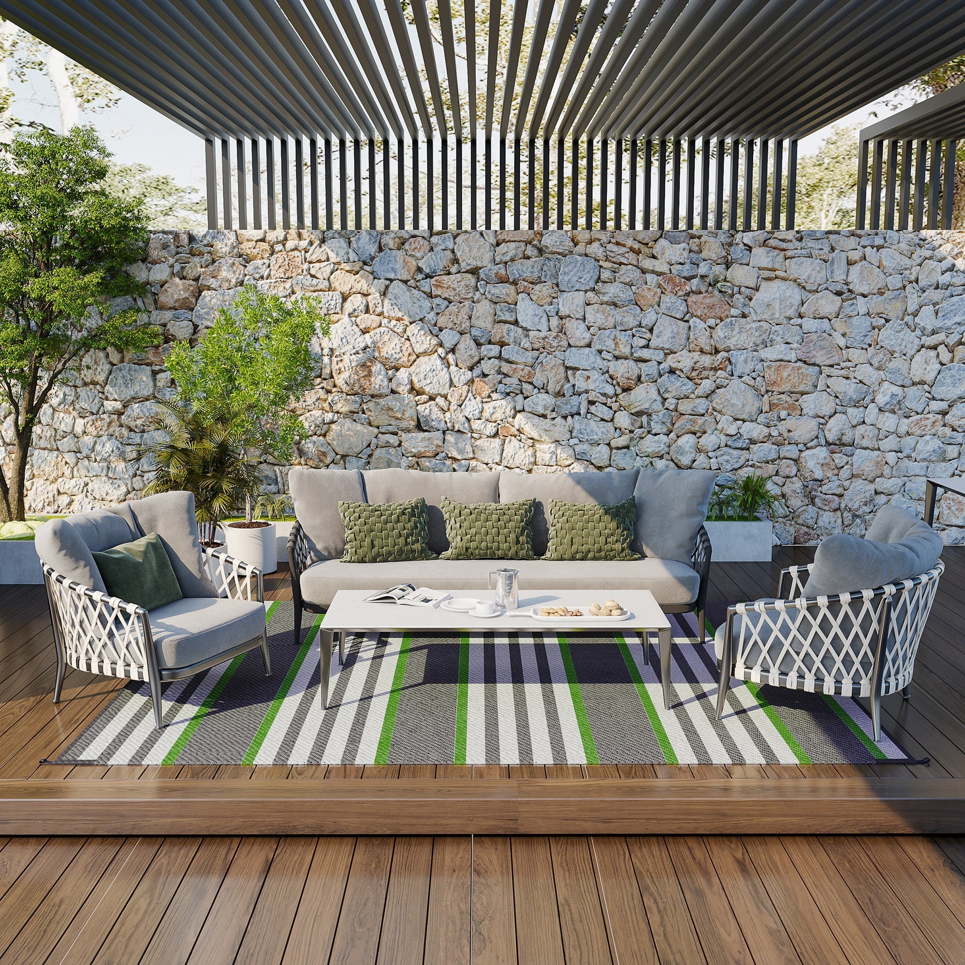 Outsunny Reversible Outdoor Rug Carpet, 9' X 12' Waterproof Plastic Straw Rug, Portable Rv Camping Rugs With Carry Bag, Large Floor Mat For Backyard, Deck, Picnic, Beach, Green & Gray Striped Green Polypropylene