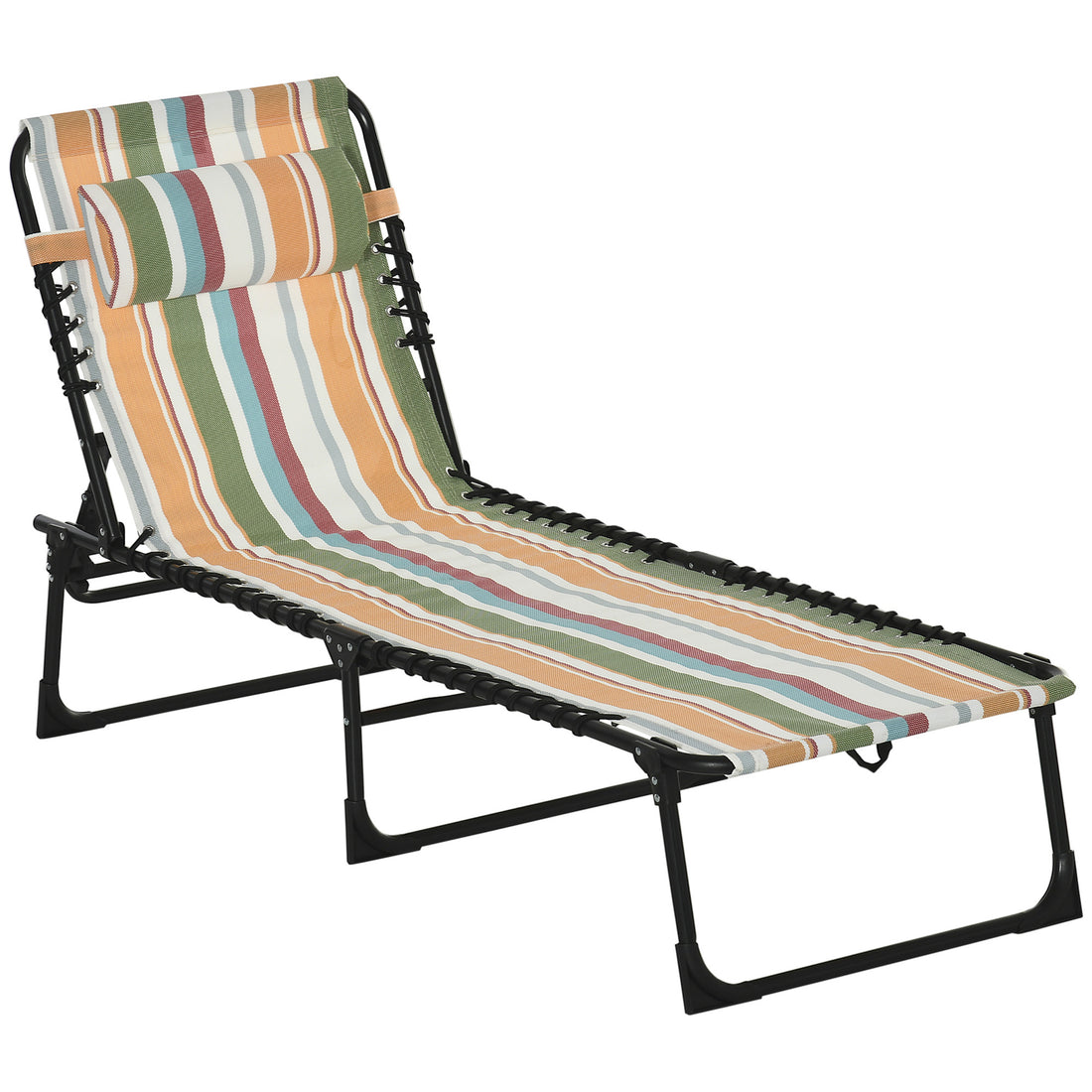 Outsunny Folding Chaise Lounge Pool Chair, Patio Sun Tanning Chair, Outdoor Lounge Chair W 4 Position Reclining Back, Pillow,Mesh & Bungee Seat For Beach, Yard, Patio, Rainbow Striped Yellow Steel