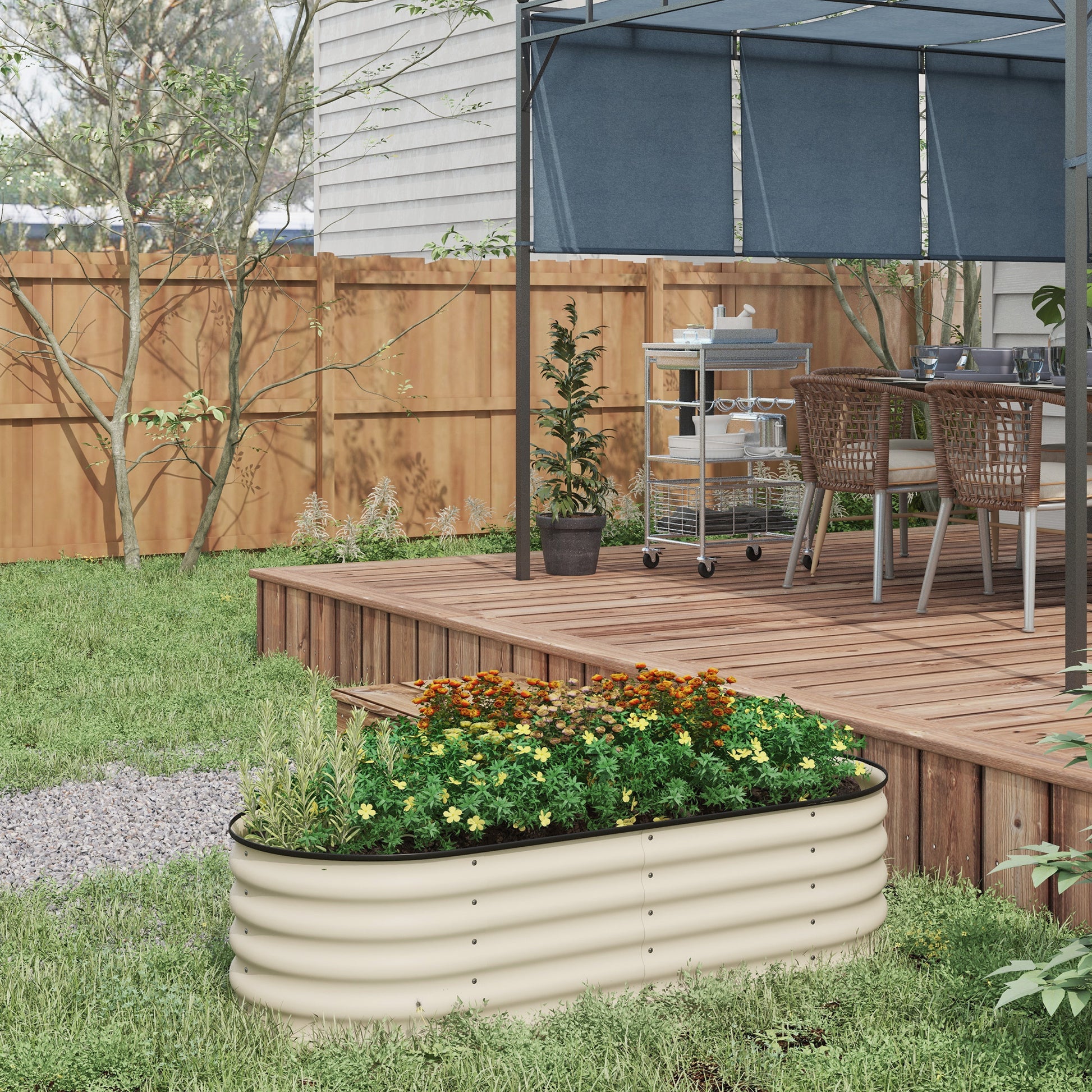 Outsunny 4.9' X 2' X 1.4' Galvanized Raised Garden Bed Kit, Outdoor Metal Elevated Planter Box With Safety Edging, Easy Diy Stock Tank For Growing Flowers, Herbs & Vegetables, Cream White Steel