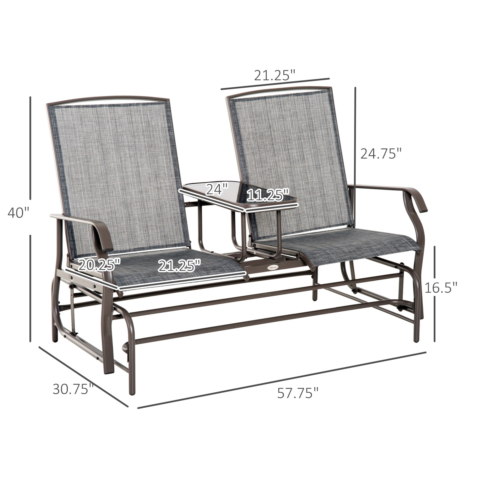 Outsunny Outdoor Glider Bench With Center Table, Metal Frame Patio Loveseat Withmesh Fabric And Armrests For Backyard Garden Porch, Gray Gray Steel