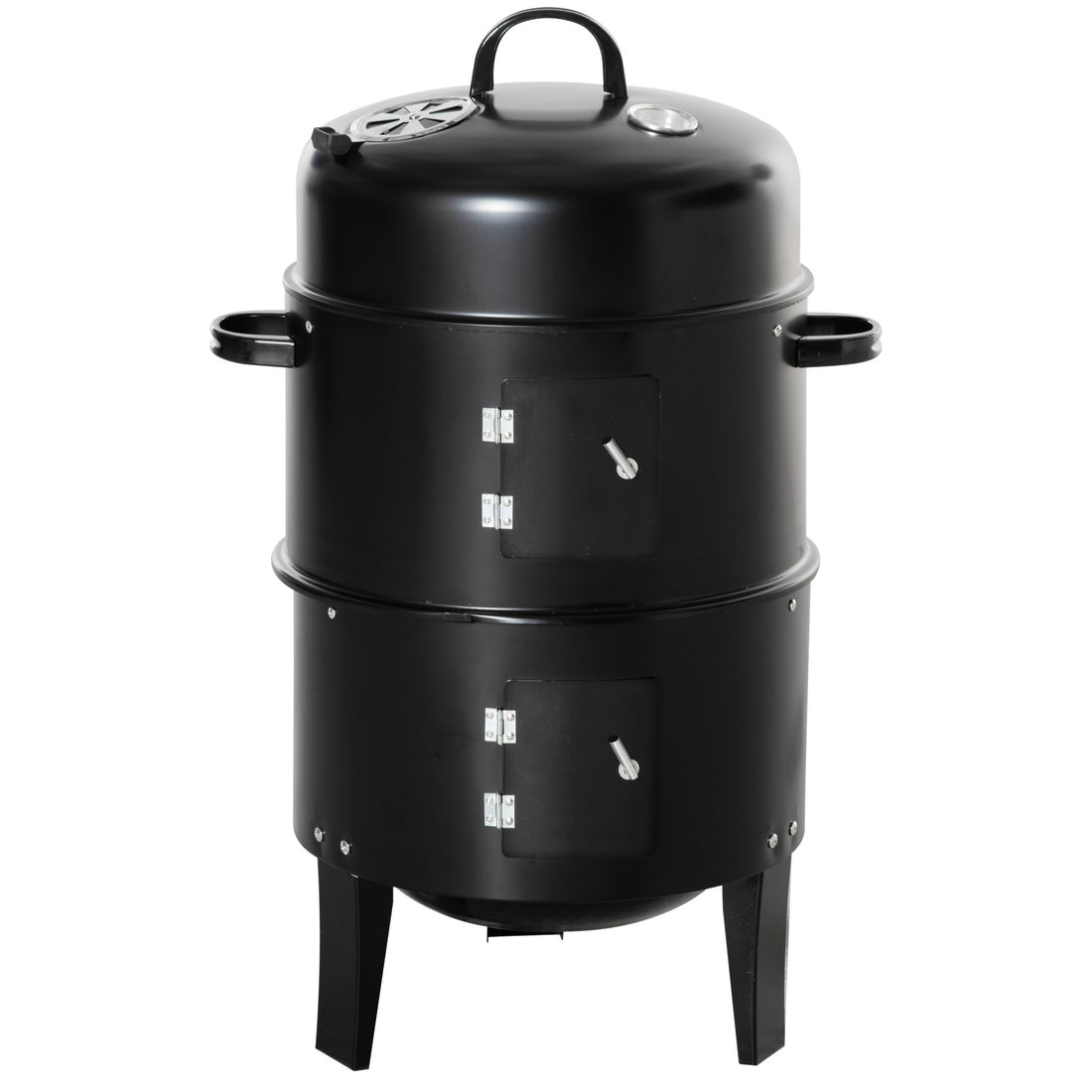 Outsunny Vertical Charcoal Bbq Smoker, 3 In 1 16" Round Charcoal Barbecue Grill With 2 Cooking Area, And Thermometer For Outdoor Camping Picnic Backyard Cooking, Black Black Metal