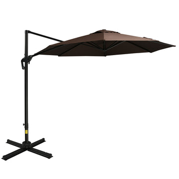 Outsunny 10Ft Offset Patio Umbrella With Base, Hanging Aluminum And Steel Cantilever Umbrella With 360 Rotation, Easy Tilt, 8 Ribs, Crank, Cross Base Included For Backyard, Poolside, Garden, Coffee Brown Steel