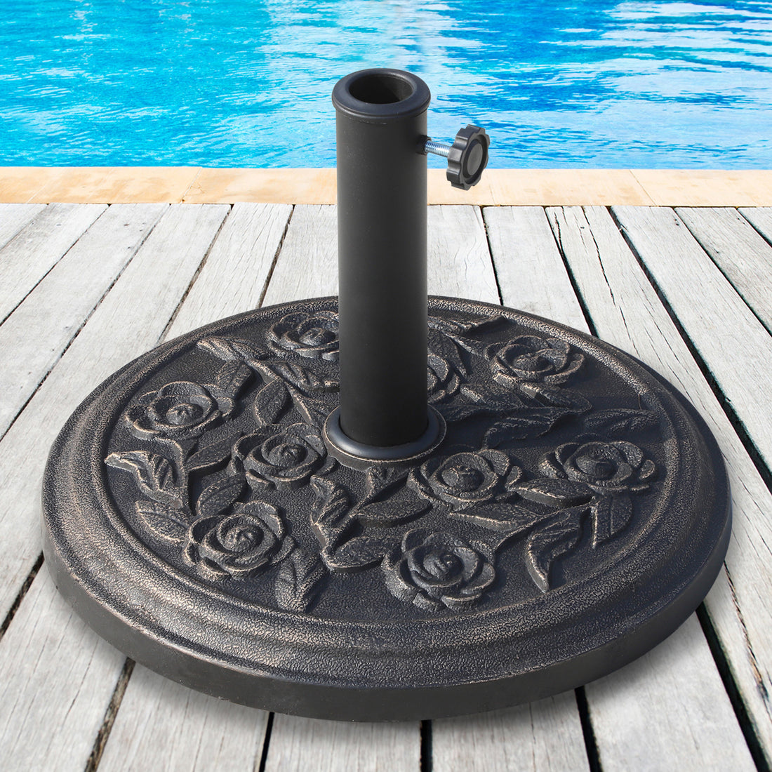 Outsunny 18" 20 Lbs Round Resin Umbrella Base Stand Market Parasol Holder With Decorative Rose Floral Pattern & Easy Setup, For 1.5", 1.89" Pole, For Lawn, Deck, Backyard, Garden, Bronze Antique Bronze Steel