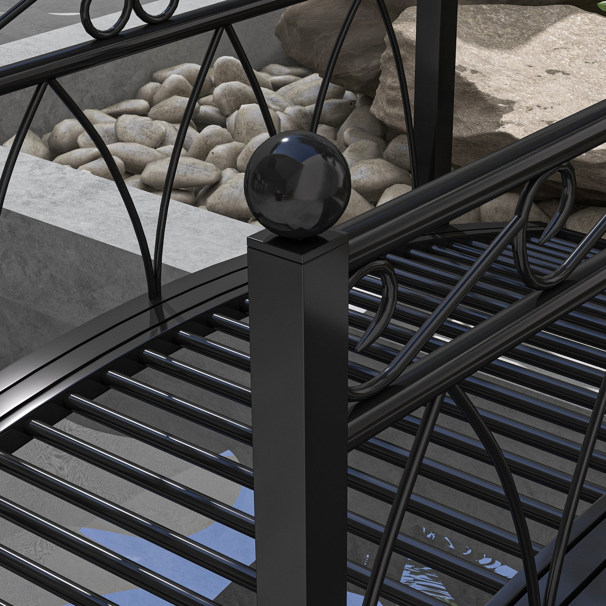 Outsunny 3.3' Metal Arch Zen Garden Bridge With Safety Siderails, Decorative Footbridge, Delicate Scrollwork & Corner Spheres For Stream, Fish Pond, Black Black Steel