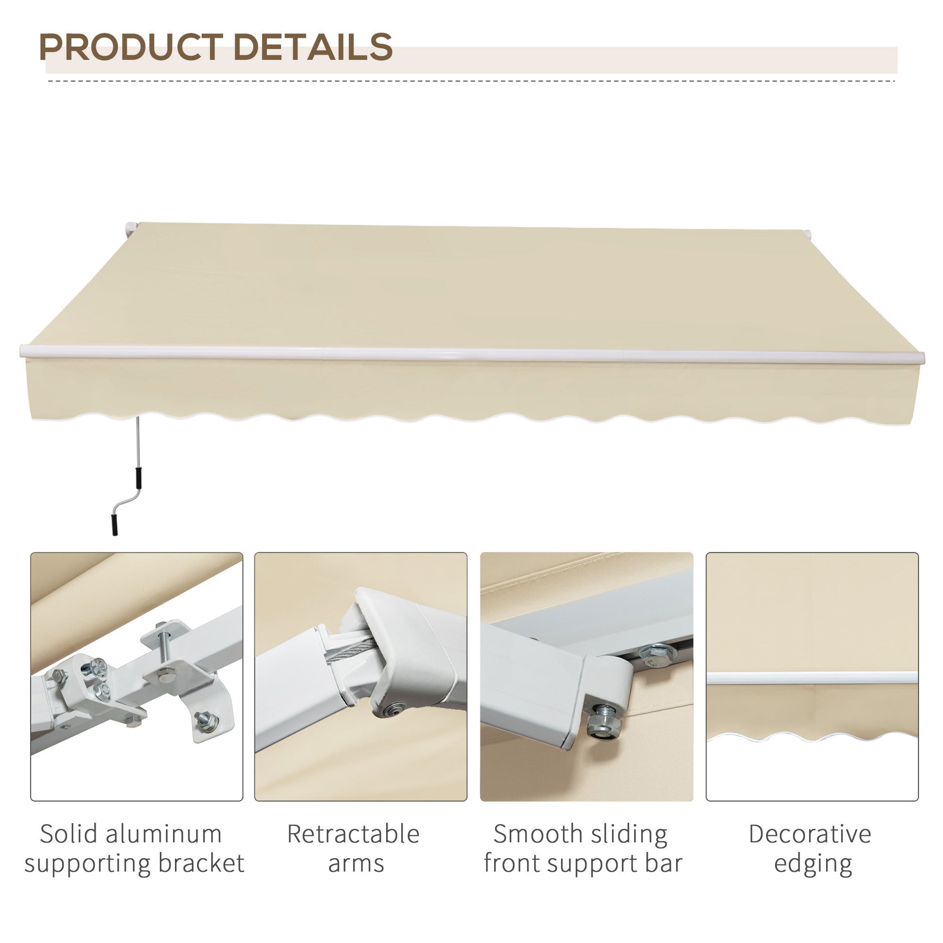 Outsunny 12' X 8' Retractable Awning Patio Awnings Sun Shade Shelter With Manual Crank Handle, 280G M Uv & Water Resistant Fabric And Aluminum Frame For Deck, Balcony, Yard, Cream White Cream White Aluminum