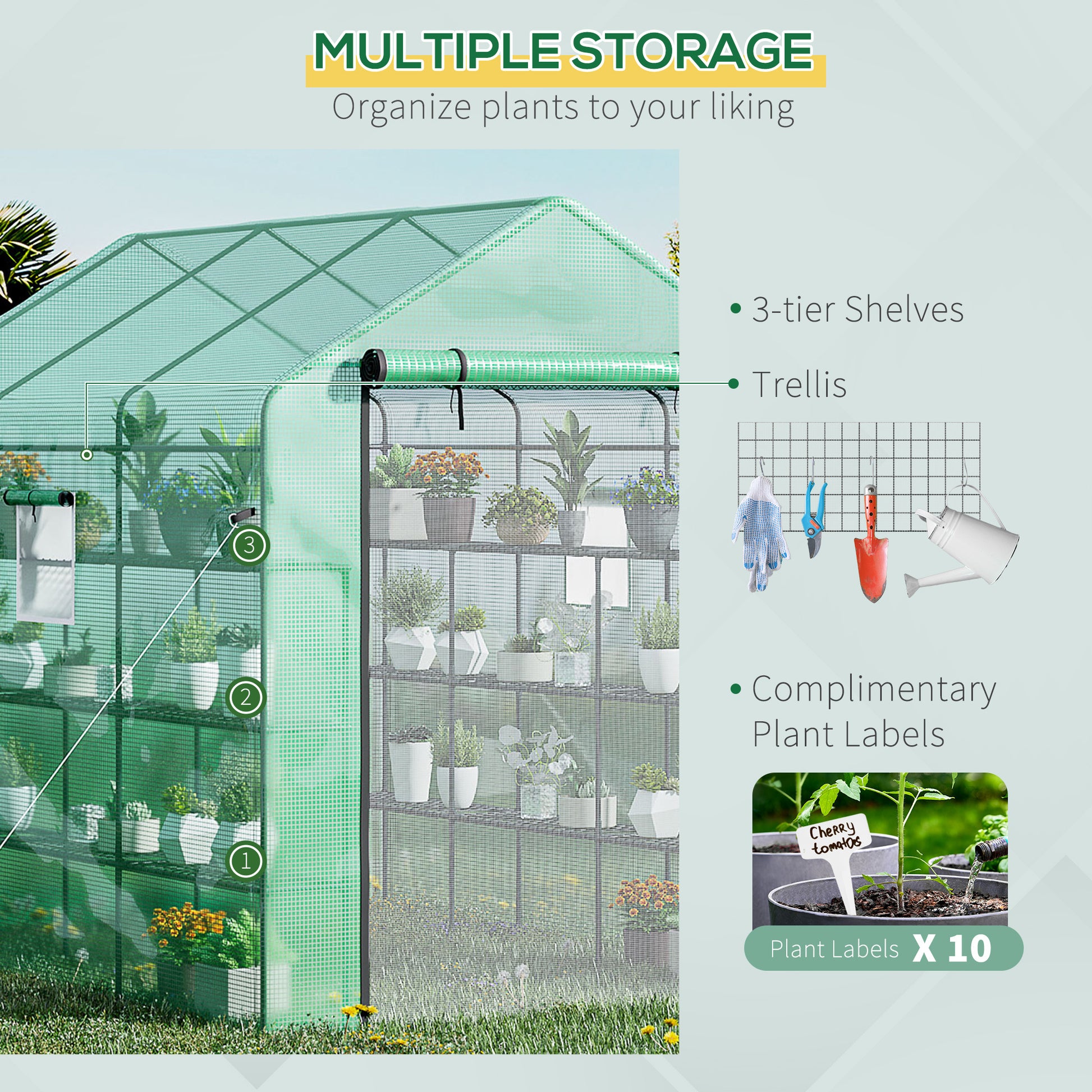 Outsunny 8' X 6' X 7' Walk In Greenhouse With Mesh Door And Windows, 18 Shelf Hot House With Trellis, Plant Labels, Uv Protective For Growing Flowers, Herbs, Vegetables, Saplings, Green Green Steel