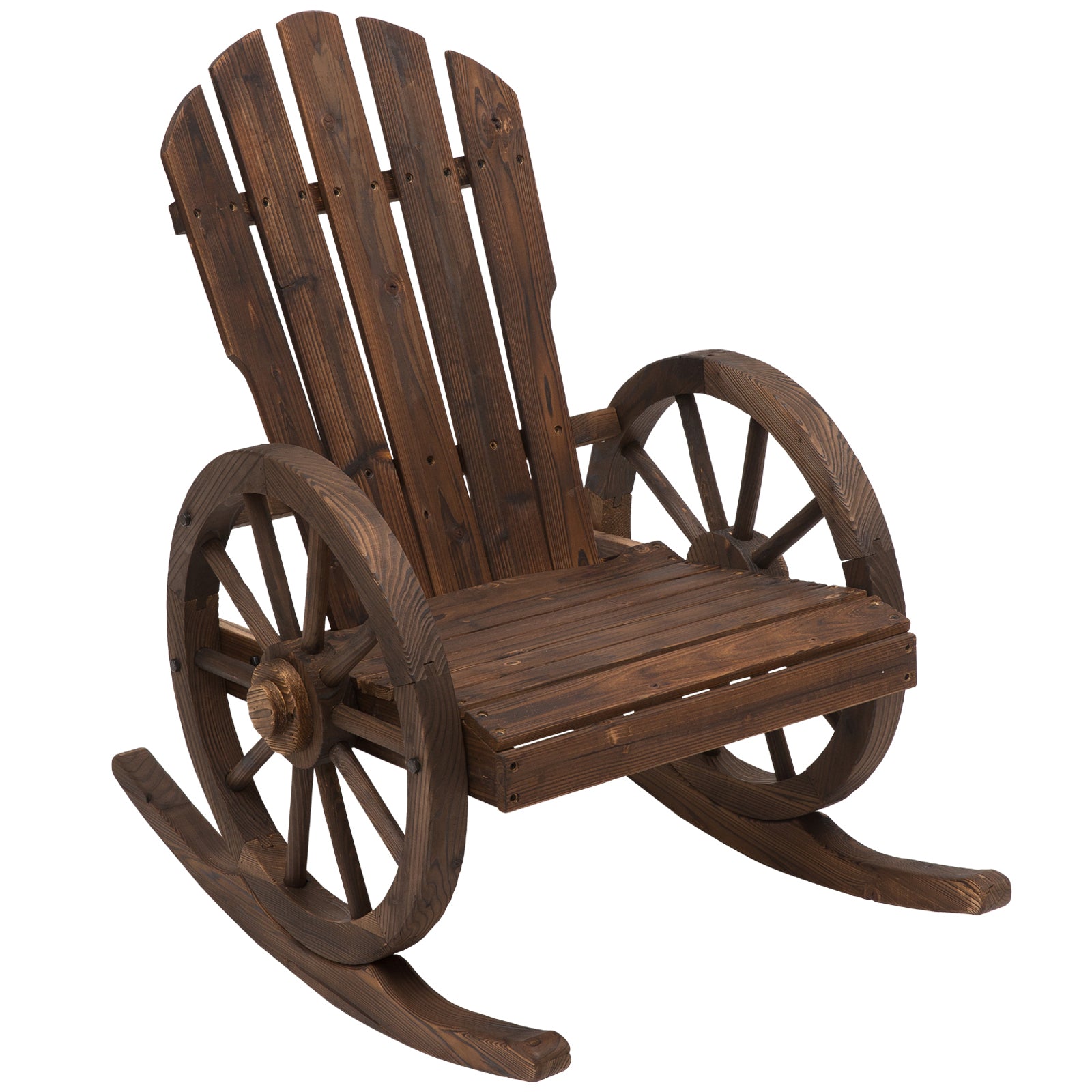 Outsunny Wooden Rocking Chair, Adirondack Rocker Chair W Slatted Design And Oversized Back, Outdoor Rocking Chair With Wagon Wheel Armrest For Porch, Poolside, And Garden, Carbonized Brown Wood