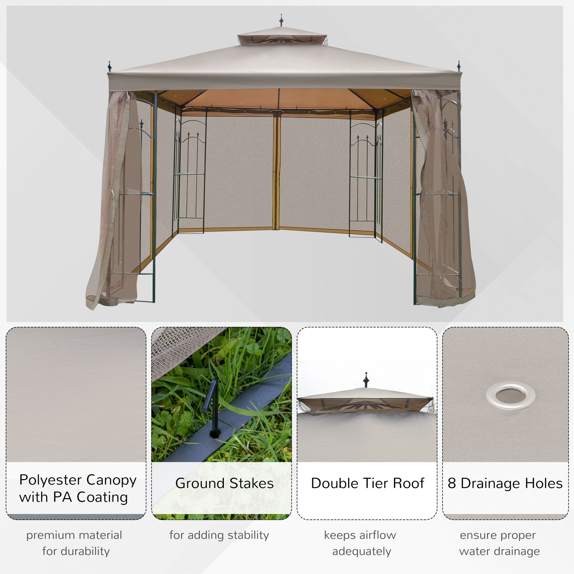 Outsunny 10' X 10' Patio Gazebo With Corner Frame Shelves, Double Roof Outdoor Gazebo Canopy Shelter With Netting, For Patio, Wedding, Catering & Events, Brown Brown Steel