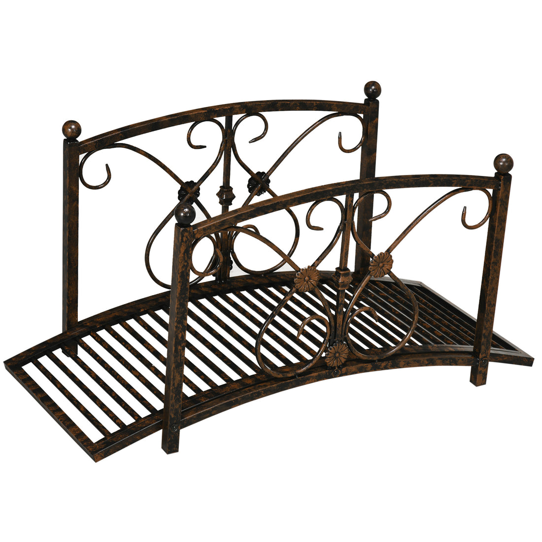 Outsunny 3.3Ft Metal Arch Zen Garden Bridge With Safety Siderails, Decorative Footbridge, Delicate Floral Scrollwork For Stream, Fish Pond, Brown Brown Metal