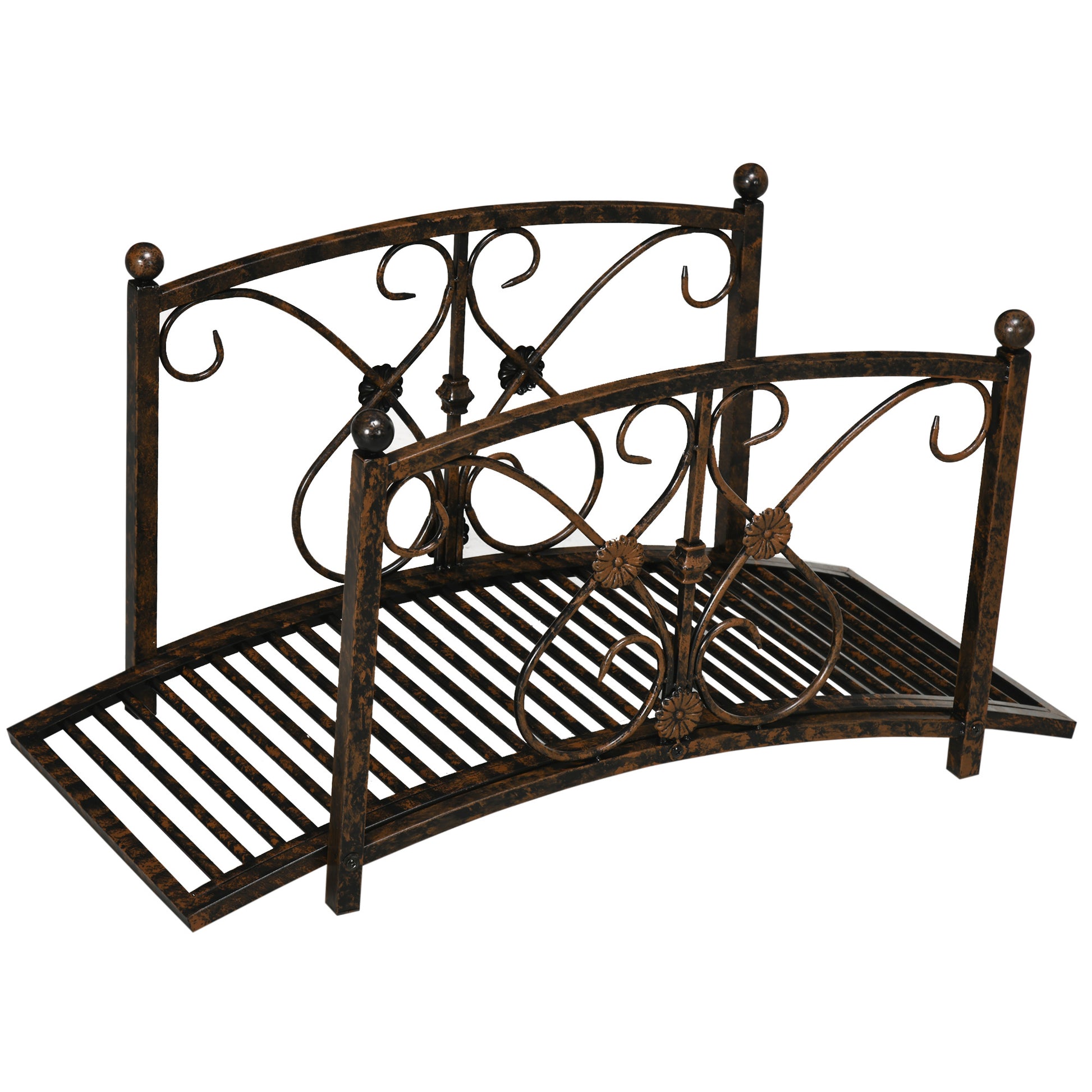Outsunny 3.3Ft Metal Arch Zen Garden Bridge With Safety Siderails, Decorative Footbridge, Delicate Floral Scrollwork For Stream, Fish Pond, Brown Brown Metal