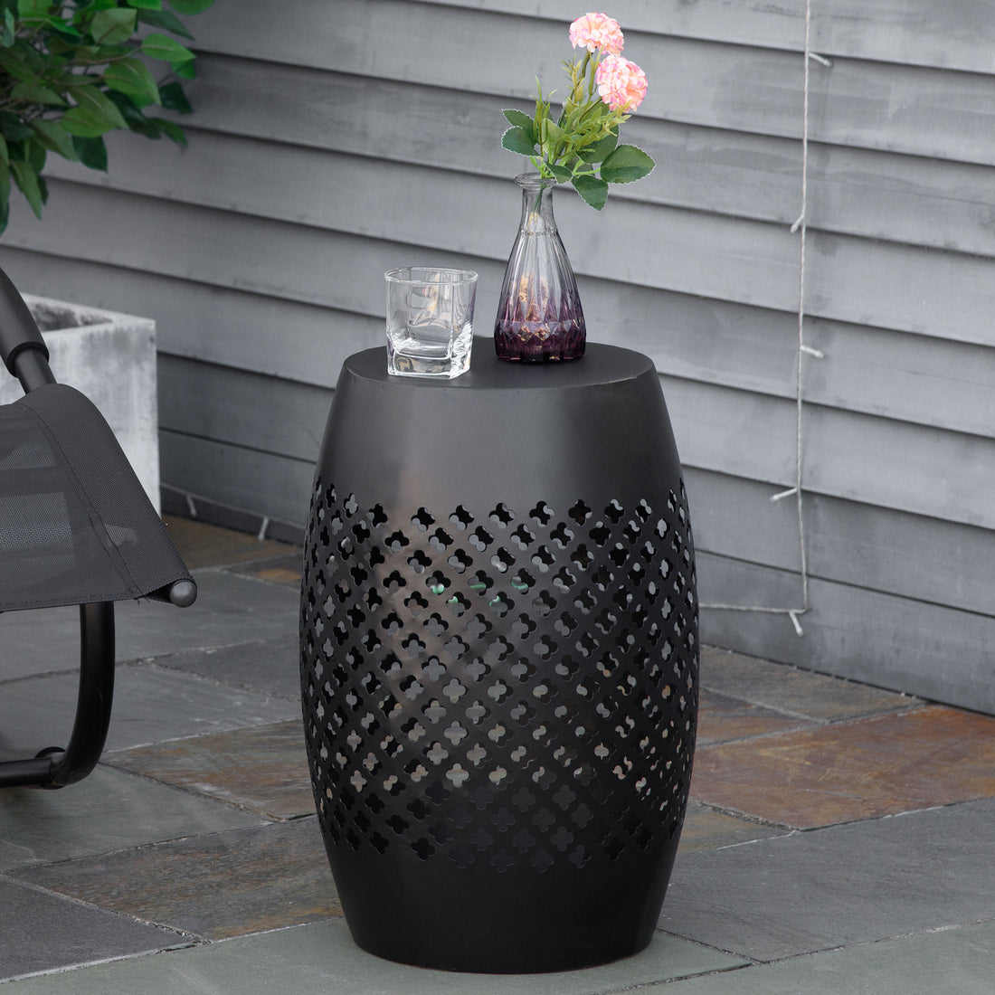 Outsunny 12.5" Steel Patio End Table, Round Hollow Drum Side Table, Accent Table For Indoor And Outdoor, Black Black Steel