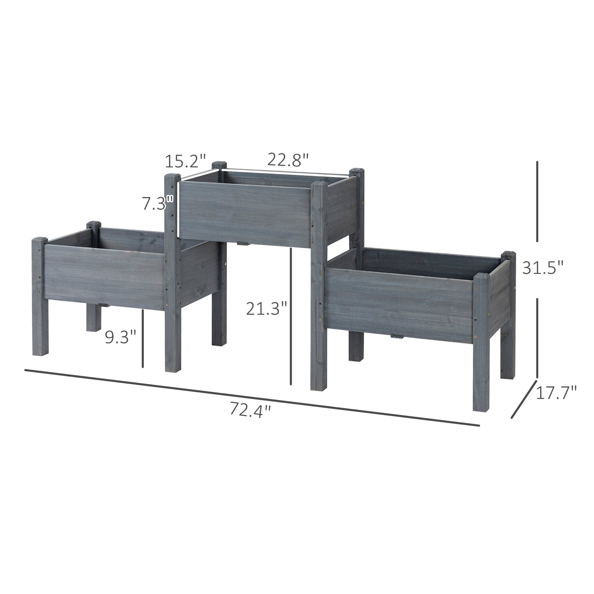 Outsunny Raised Garden Bed With 3 Planter Box, Elevated Wooden Plant Stand With Drainage Holes, For Vegetables, Herb And Flowers, Gray Gray Wood