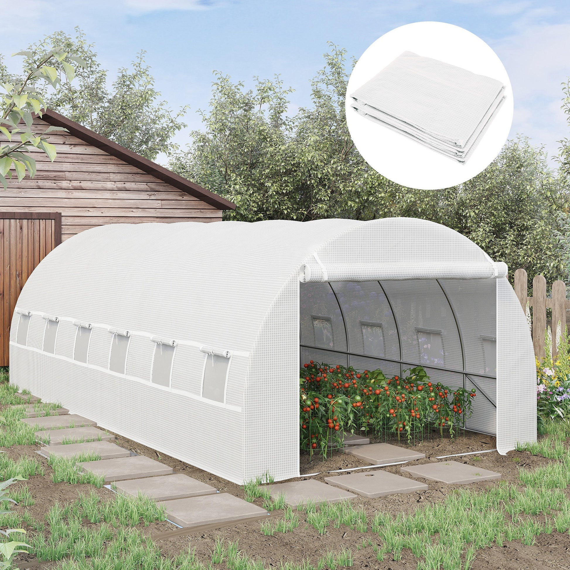 Outsunny 19.7' X 9.8' X 6.6' Plastic Greenhouse Cover Replacement, Heavy Duty Waterproof Tarp For Hoop House, Sheeting With 12 Windows, Door & Reinforcement Grid, White White Polyethylene