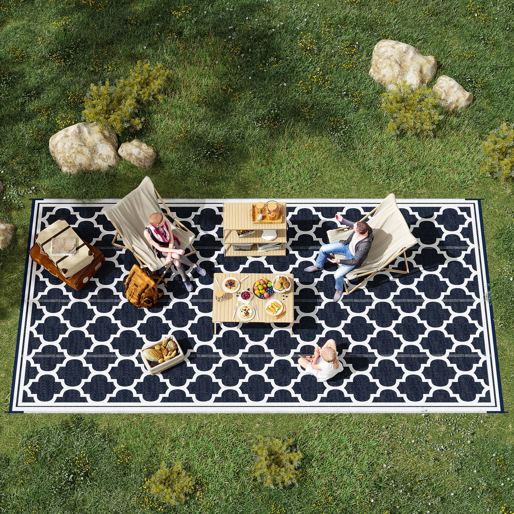 Outsunny Reversible Outdoor Rug Carpet, 9' X 18' Waterproof Plastic Straw Rug, Portable Rv Camping Rugs With Carry Bag, Large Floor Mat For Backyard, Deck, Picnic, Beach, Blue & White Blue Polypropylene