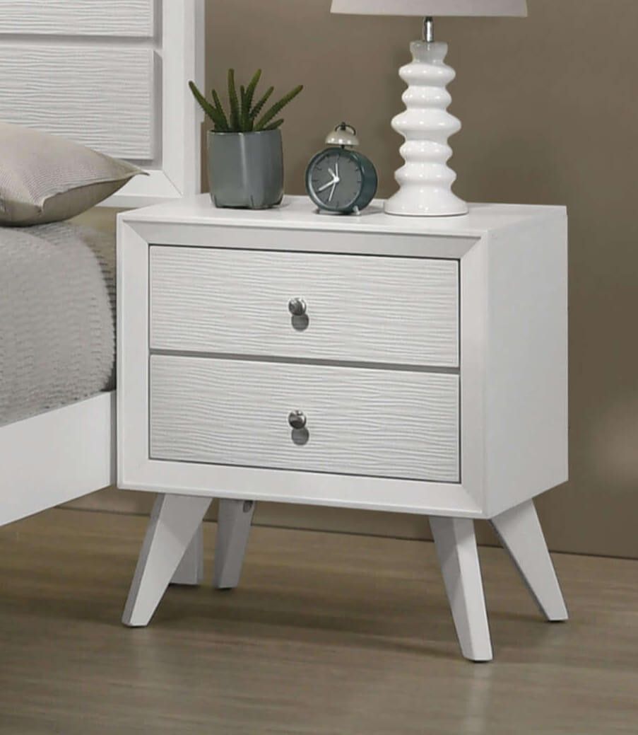 Contemporary White Color 1Pc Nightstand Bedroom Furniture Solid Wood Wave Texture 2 Drawers Bedside Table Bronze Round Knobs White White 2 Drawers Bedroom Bedside Cabinet Classic,Contemporary,Modern Rubberwood Drawers Solid Wood