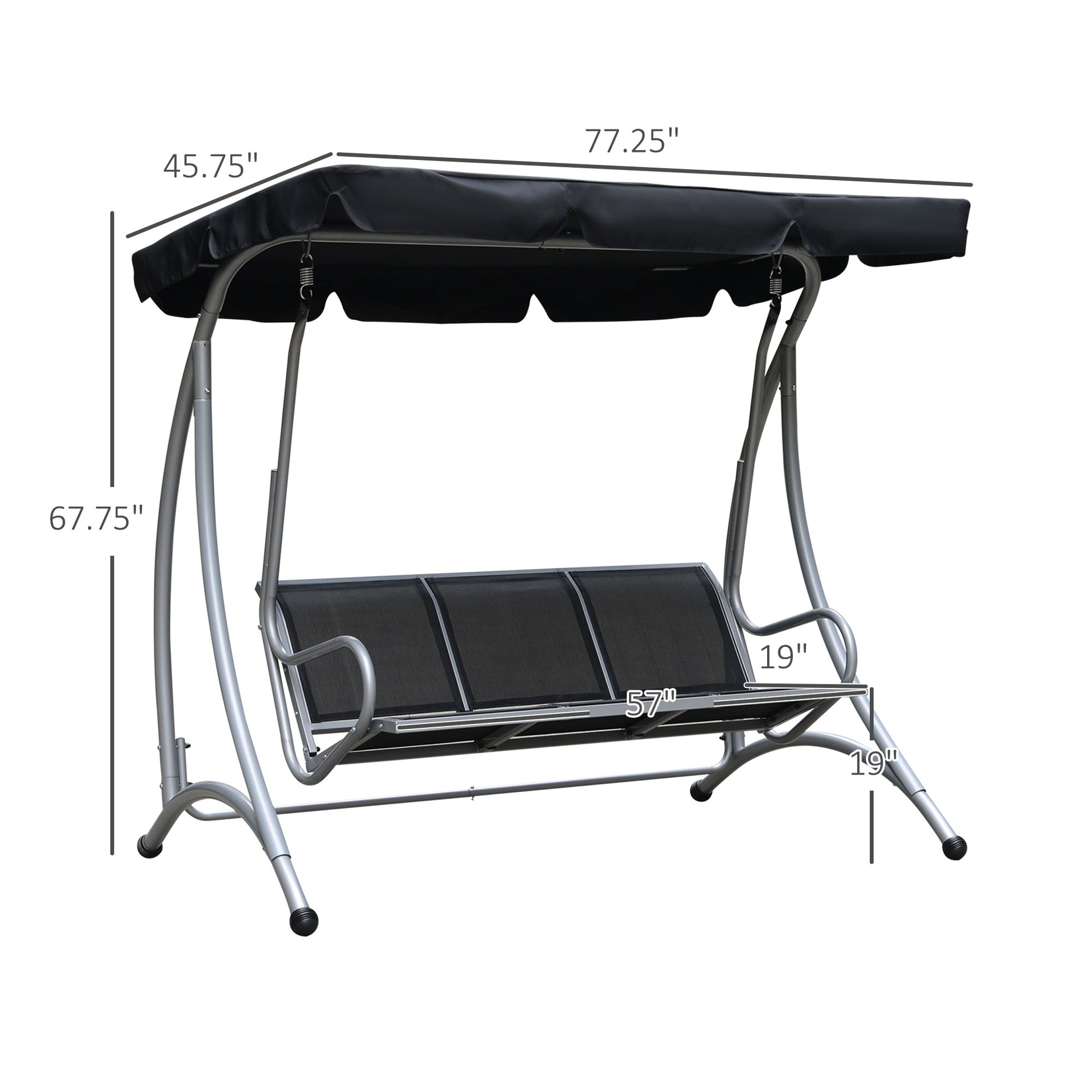 Outsunny 3 Seat Patio Swing Chair, Outdoor Canopy Swing With Stand, Adjustable Shade, Steel Frame For Adults, Garden, Poolside, Black Black Steel