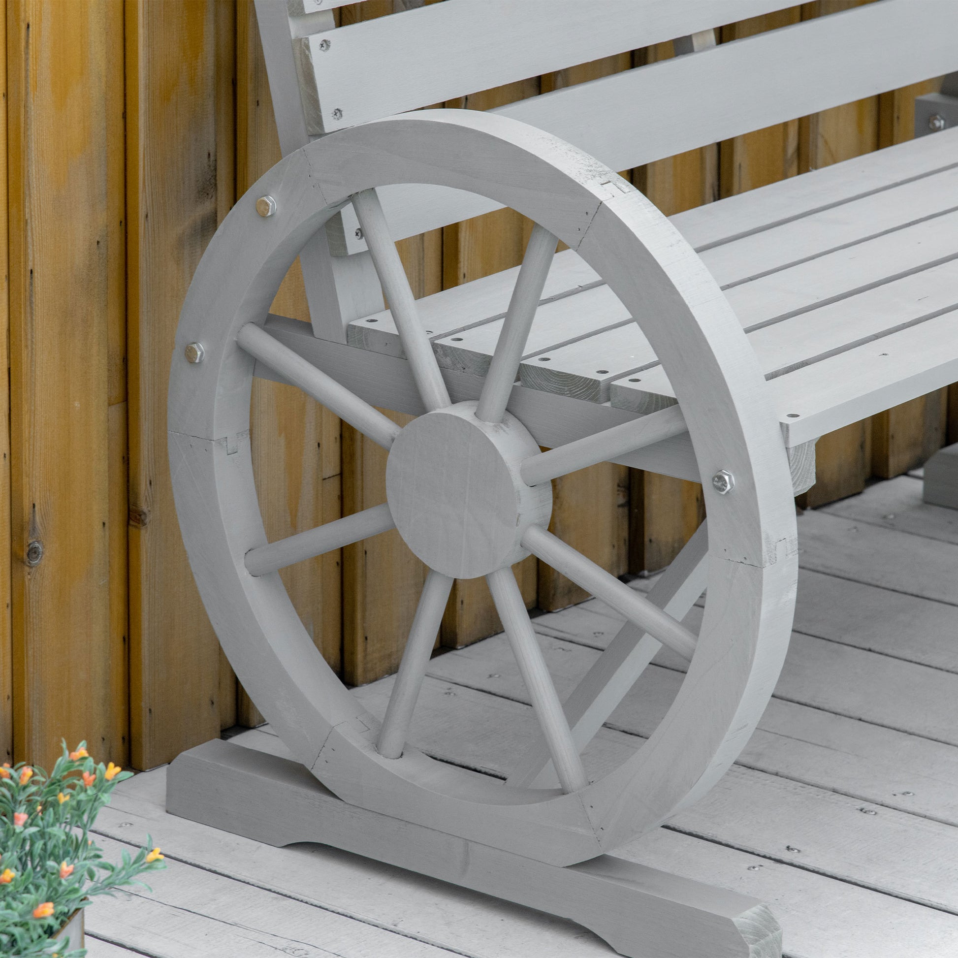 Outsunny 41" Wooden Wagon Wheel Bench, Rustic Outdoor Patio Weather Resistance Furniture, 2 Person Slatted Seat Bench With Backrest, Light Gray Gray Wood