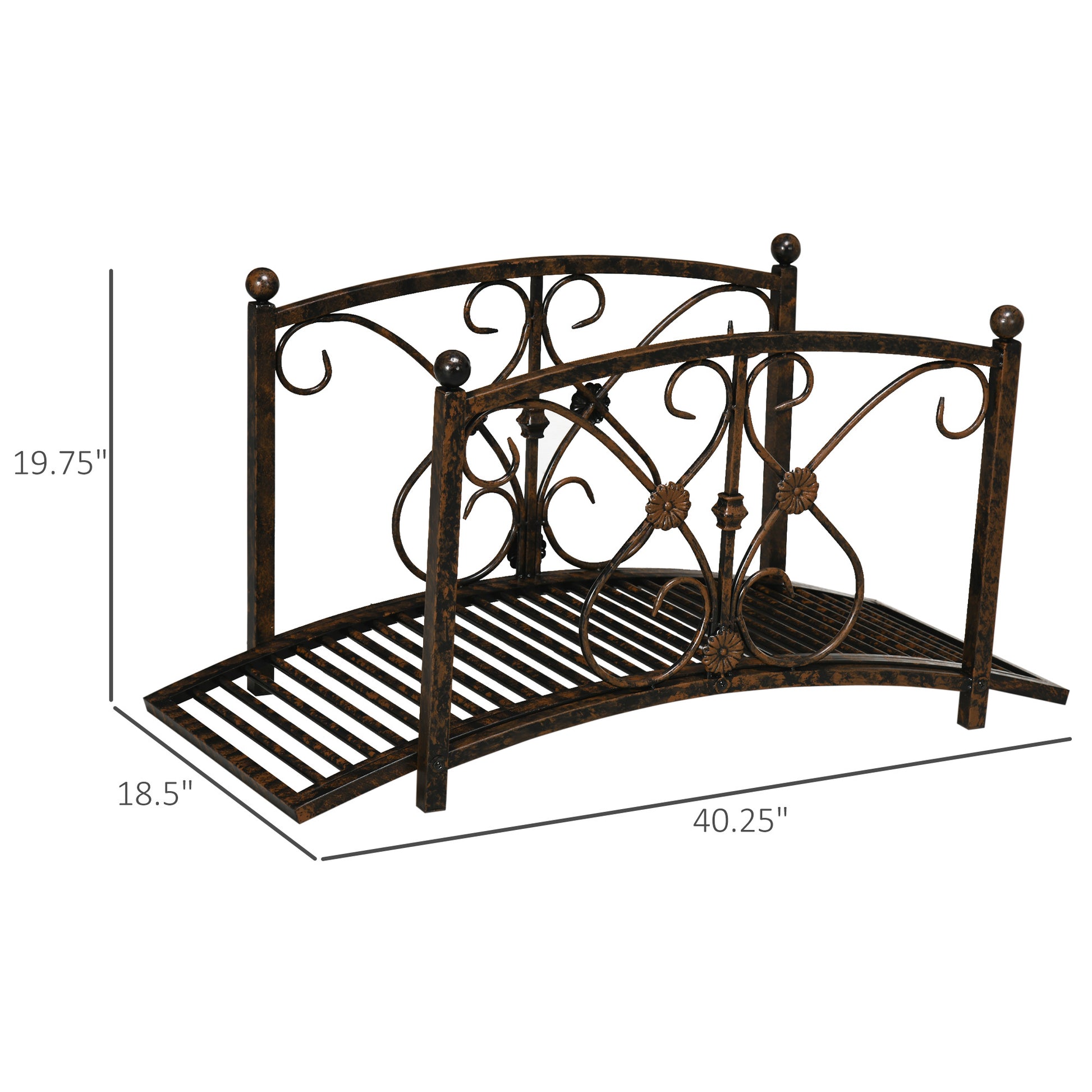 Outsunny 3.3Ft Metal Arch Zen Garden Bridge With Safety Siderails, Decorative Footbridge, Delicate Floral Scrollwork For Stream, Fish Pond, Brown Brown Metal