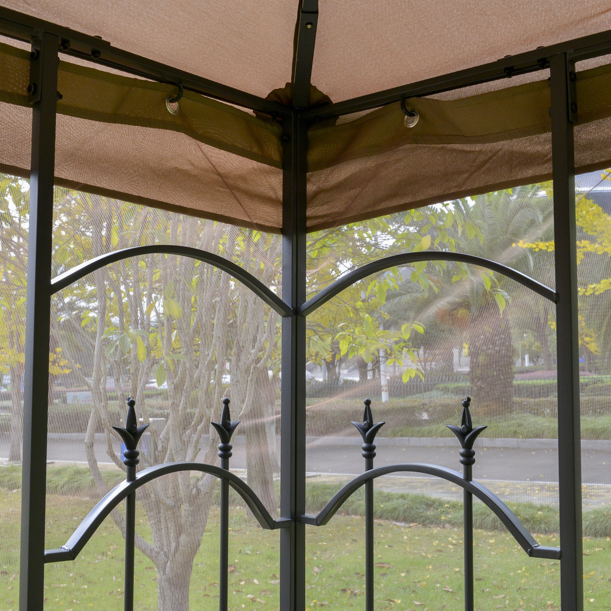 Outsunny 10' X 10' Patio Gazebo With Corner Frame Shelves, Double Roof Outdoor Gazebo Canopy Shelter With Netting, For Patio, Wedding, Catering & Events, Brown Brown Steel