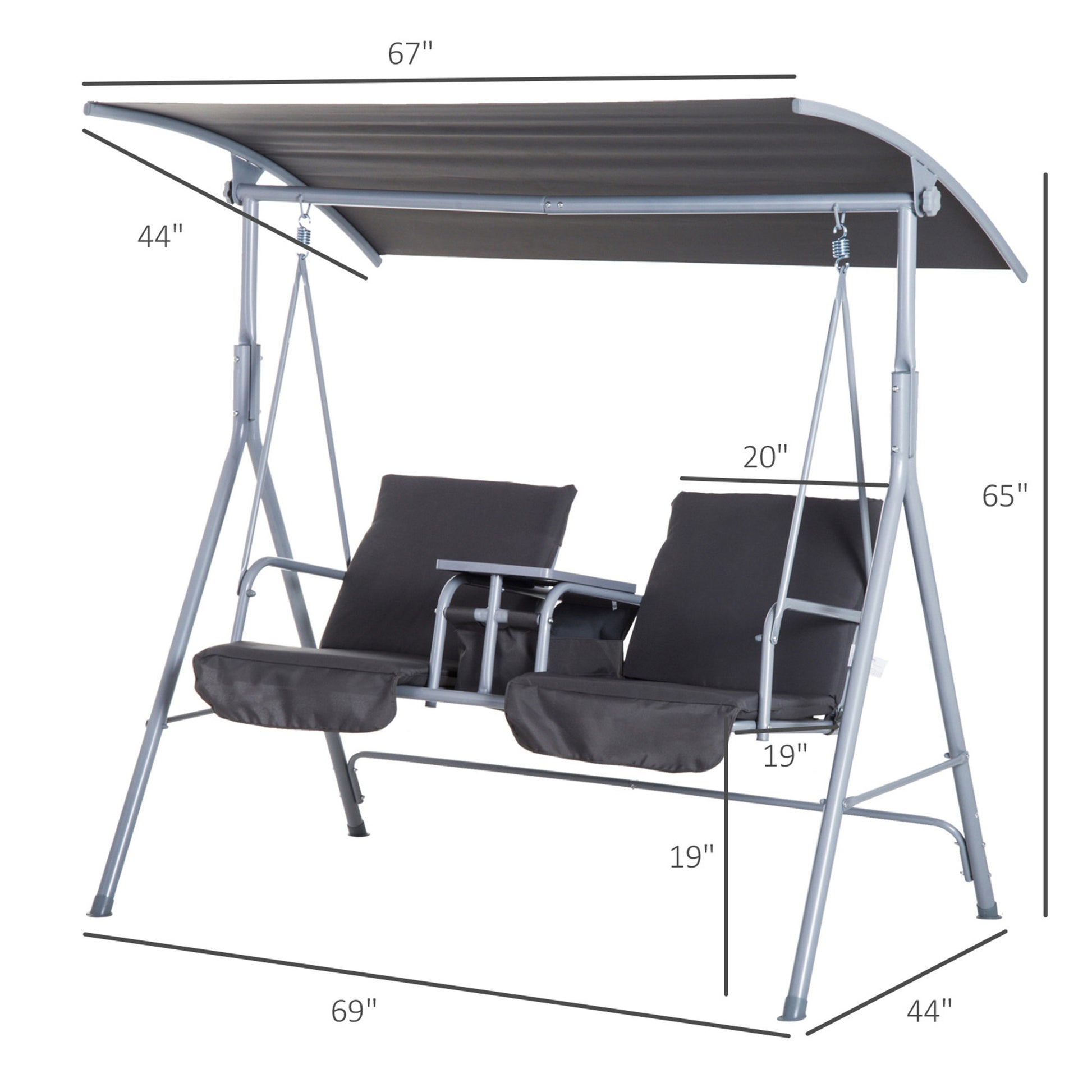Outsunny 2 Person Porch Swing With Stand, Outdoor Swing With Canopy, Pivot Storage Table, 2 Cup Holders, Cushions For Patio, Backyard, Gray Beige Steel
