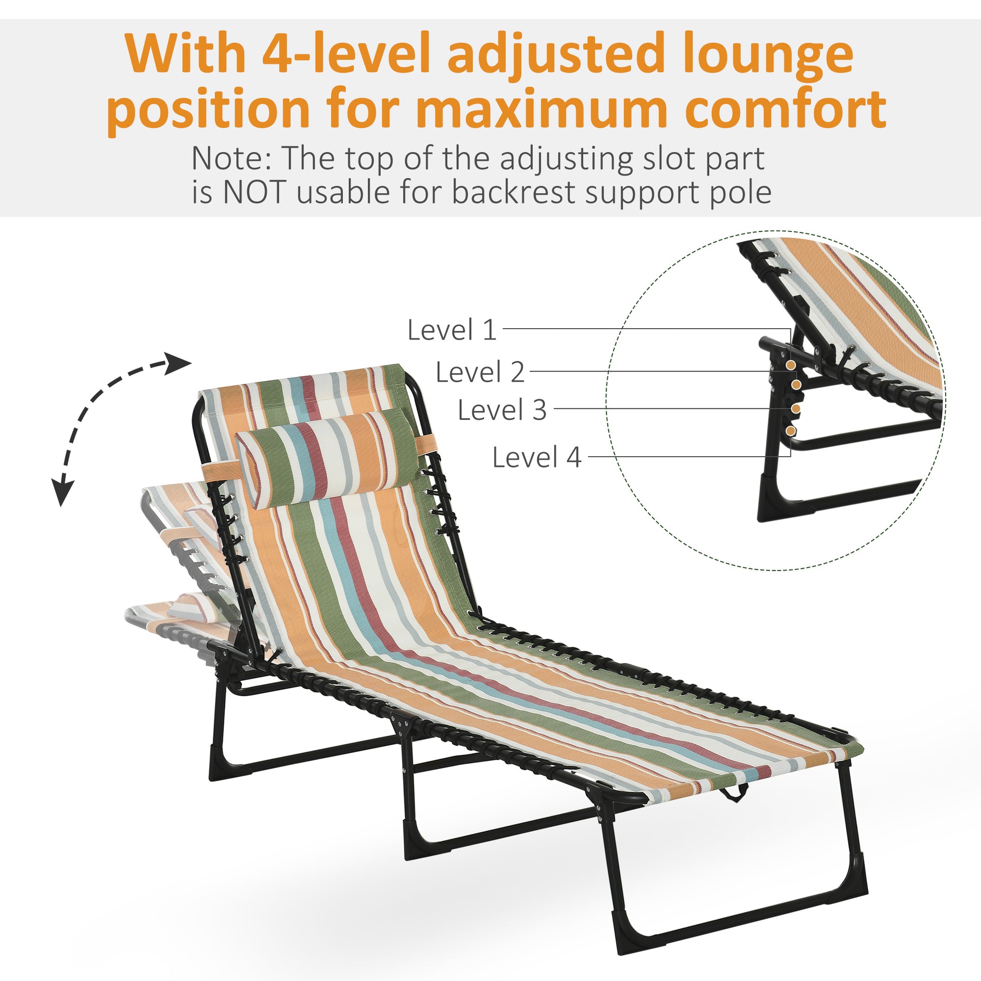 Outsunny Folding Chaise Lounge Pool Chair, Patio Sun Tanning Chair, Outdoor Lounge Chair W 4 Position Reclining Back, Pillow,Mesh & Bungee Seat For Beach, Yard, Patio, Rainbow Striped Yellow Steel