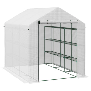 Outsunny Walk In Greenhouse For Outdoors With Roll Up Zipper Door, 18 Shelves, Pe Cover, Small And Portable Green House, Heavy Duty Humidity Seal, 95.25" X 70.75" X 82.75", White White Steel