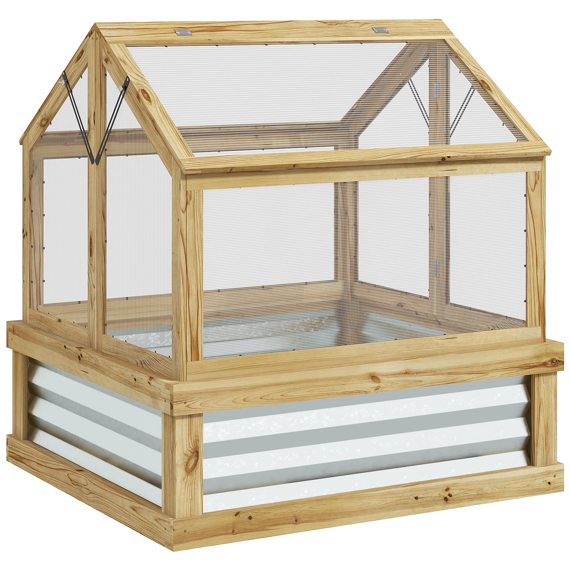 Outsunny Raised Garden Bed With Polycarbonate Greenhouse, Garden Wooden Cold Frame Greenhouse Flower Planter Protection, Peak Roof, 35.5" X 31.5" X 36", Natural Natural Wood