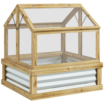Outsunny Raised Garden Bed With Polycarbonate Greenhouse, Garden Wooden Cold Frame Greenhouse Flower Planter Protection, Peak Roof, 35.5" X 31.5" X 36", Natural Natural Wood