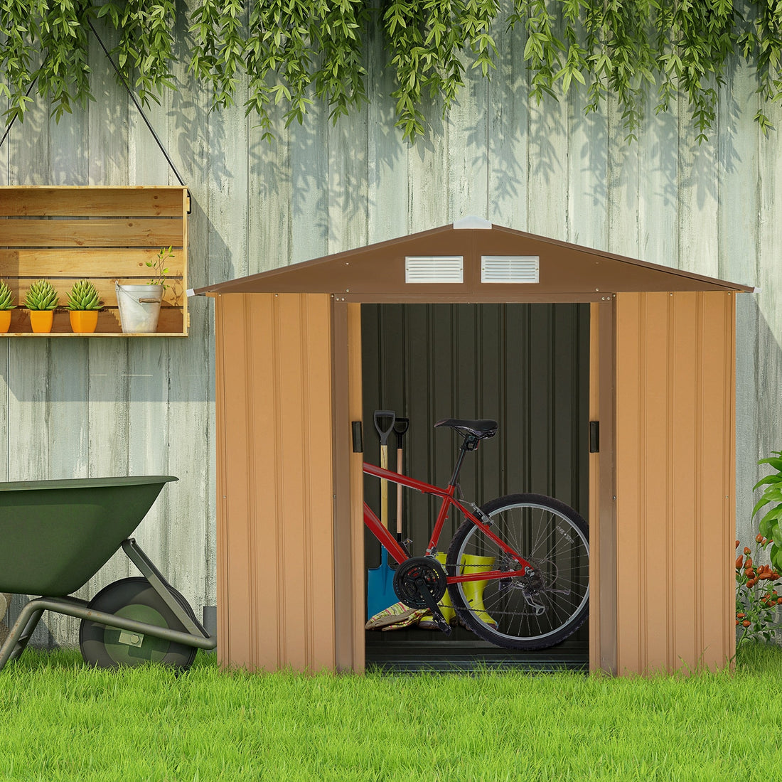 Outsunny 7' X 4' Outdoor Storage Shed, Garden Tool House With Foundation, 4 Vents And 2 Easy Sliding Doors For Backyard, Patio, Garage, Lawn, Yellow Yellow Steel