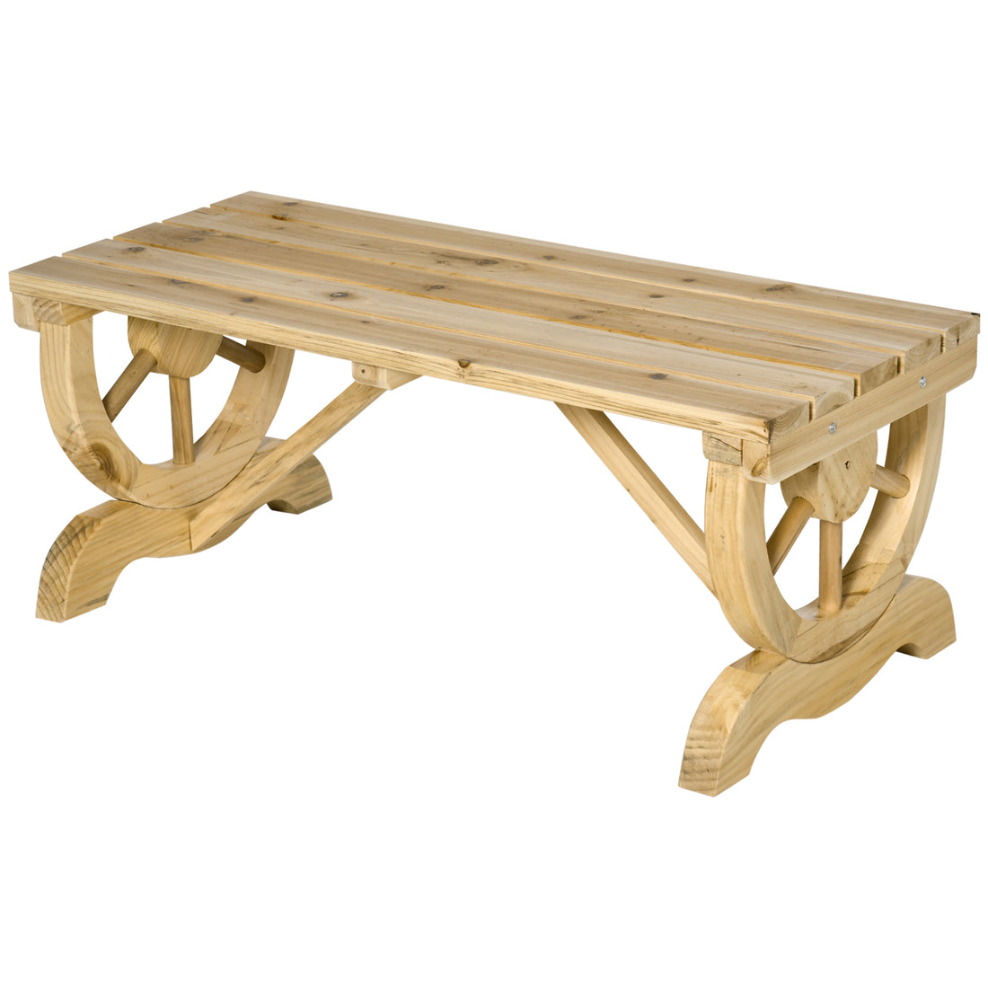 Outsunny 2 Person Wooden Garden Bench, Outdoor Wagon Wheel Porch Bench For Backyard Garden, Support 550 Lbs, Rustic Country Style Patio Furniture, Natural Natural Wood