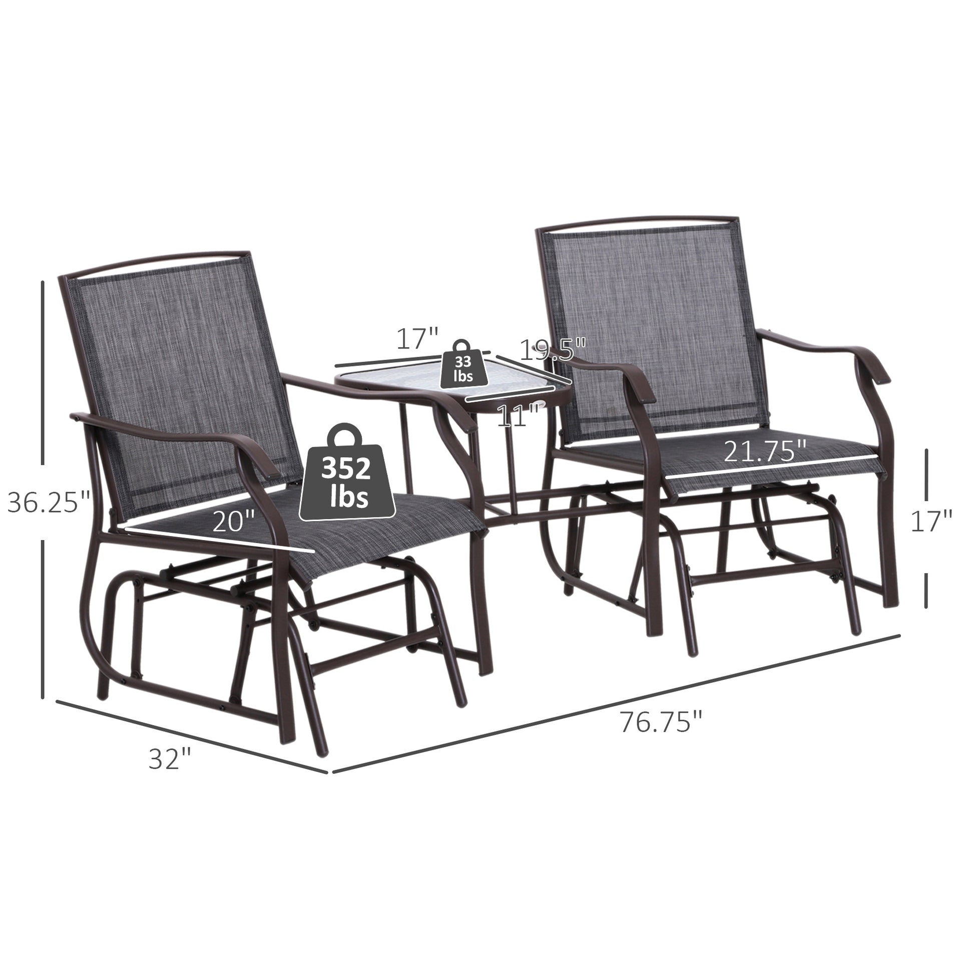 Outsunny Outdoor Glider Chairs With Coffee Table, Patio 2 Seat Rocking Chair Swing Loveseat Withsling For Backyard, Garden And Porch, Grey Brown Steel