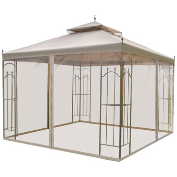 Outsunny 10' X 10' Patio Gazebo With Corner Frame Shelves, Double Roof Outdoor Gazebo Canopy Shelter With Netting, For Patio, Wedding, Catering & Events, Brown Brown Steel