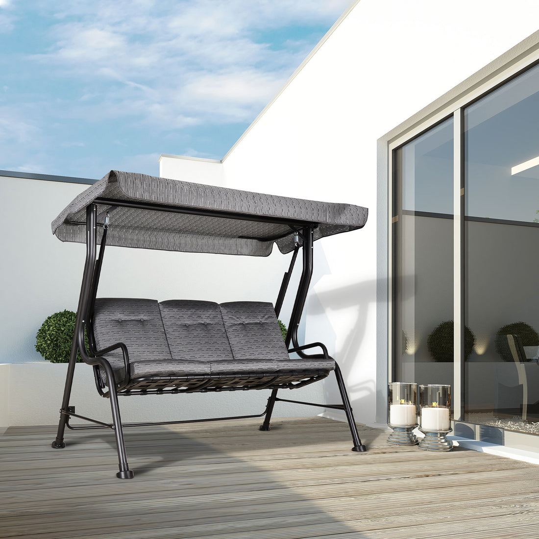 Outsunny 3 Seat Patio Swing Chair, Outdoor Swing Glider With Adjustable Canopy, Removable Thicken Cushion, And Weather Resistant Steel Frame, For Garden, Poolside, Backyard, Black Black Steel