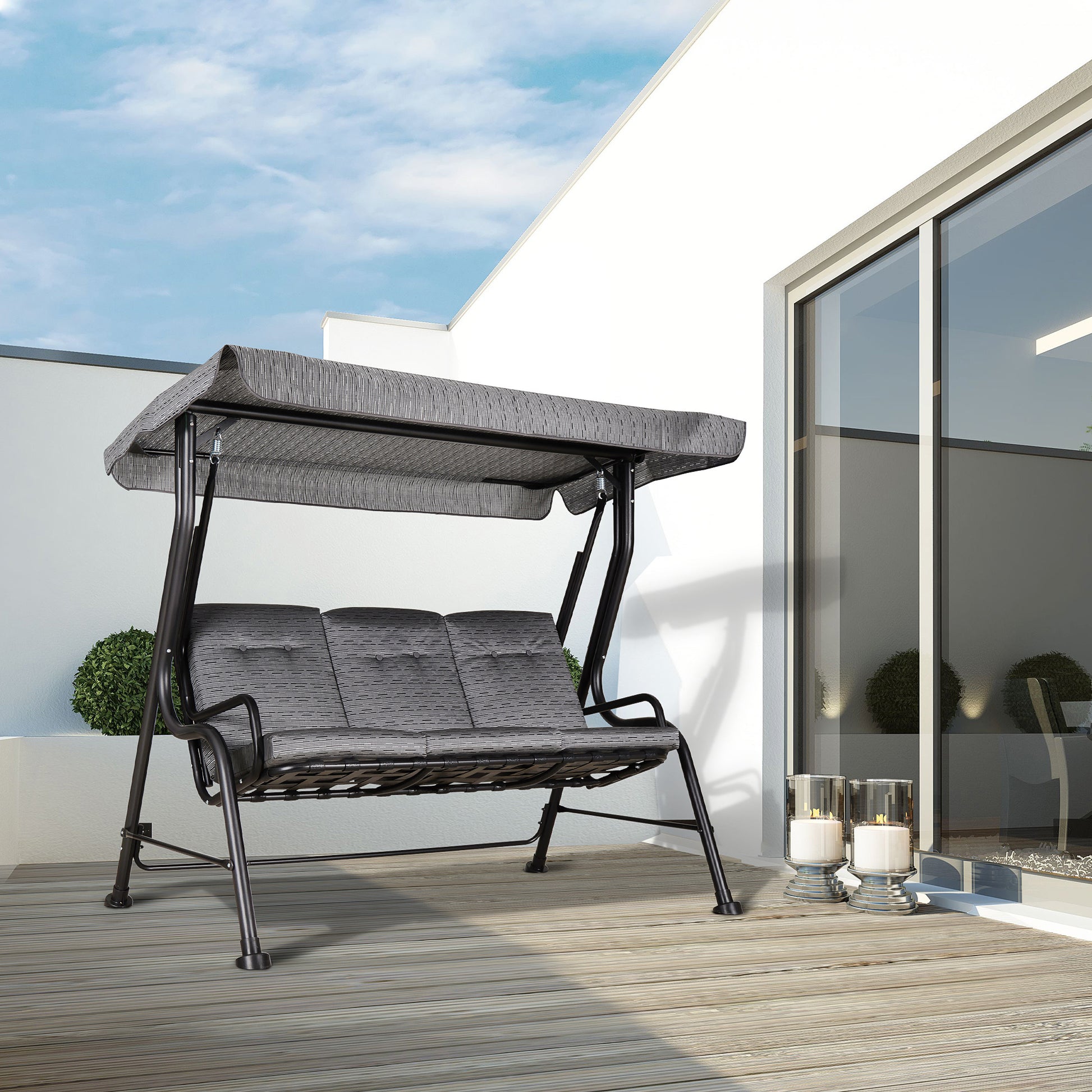 Outsunny 3 Seat Patio Swing Chair, Outdoor Swing Glider With Adjustable Canopy, Removable Thicken Cushion, And Weather Resistant Steel Frame, For Garden, Poolside, Backyard, Black Black Steel