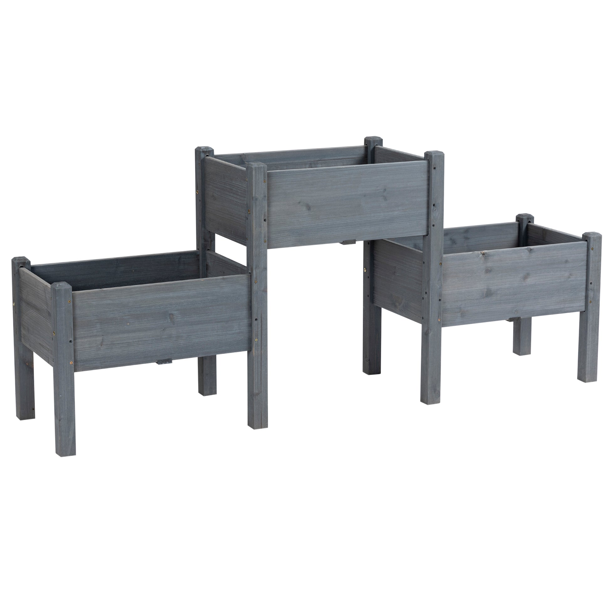 Outsunny Raised Garden Bed With 3 Planter Box, Elevated Wooden Plant Stand With Drainage Holes, For Vegetables, Herb And Flowers, Gray Gray Wood